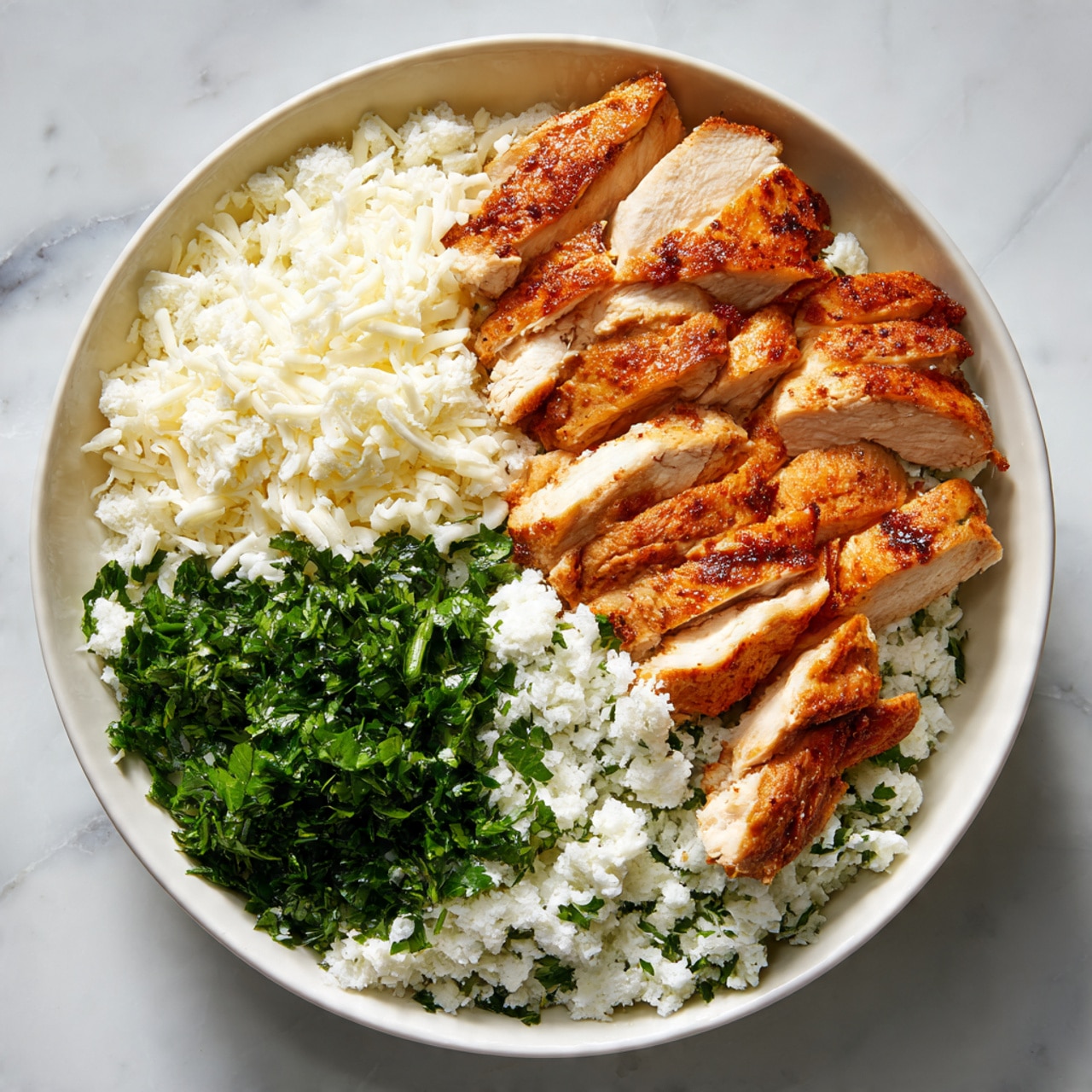 A white bowl contains three distinct layers: shredded white cheese takes up about half of the bowl on the left side, finely chopped green herbs, likely cilantro, sit just below the cheese in the bottom left corner, and several slices of grilled golden-brown chicken are neatly arranged on the right half of the bowl. The bowl is placed on a white marbled surface. The colors stand out clearly with the creamy white cheese, vibrant green herbs, and warm, browned chicken. Photo taken with an iphone --ar 4:5 --v 7