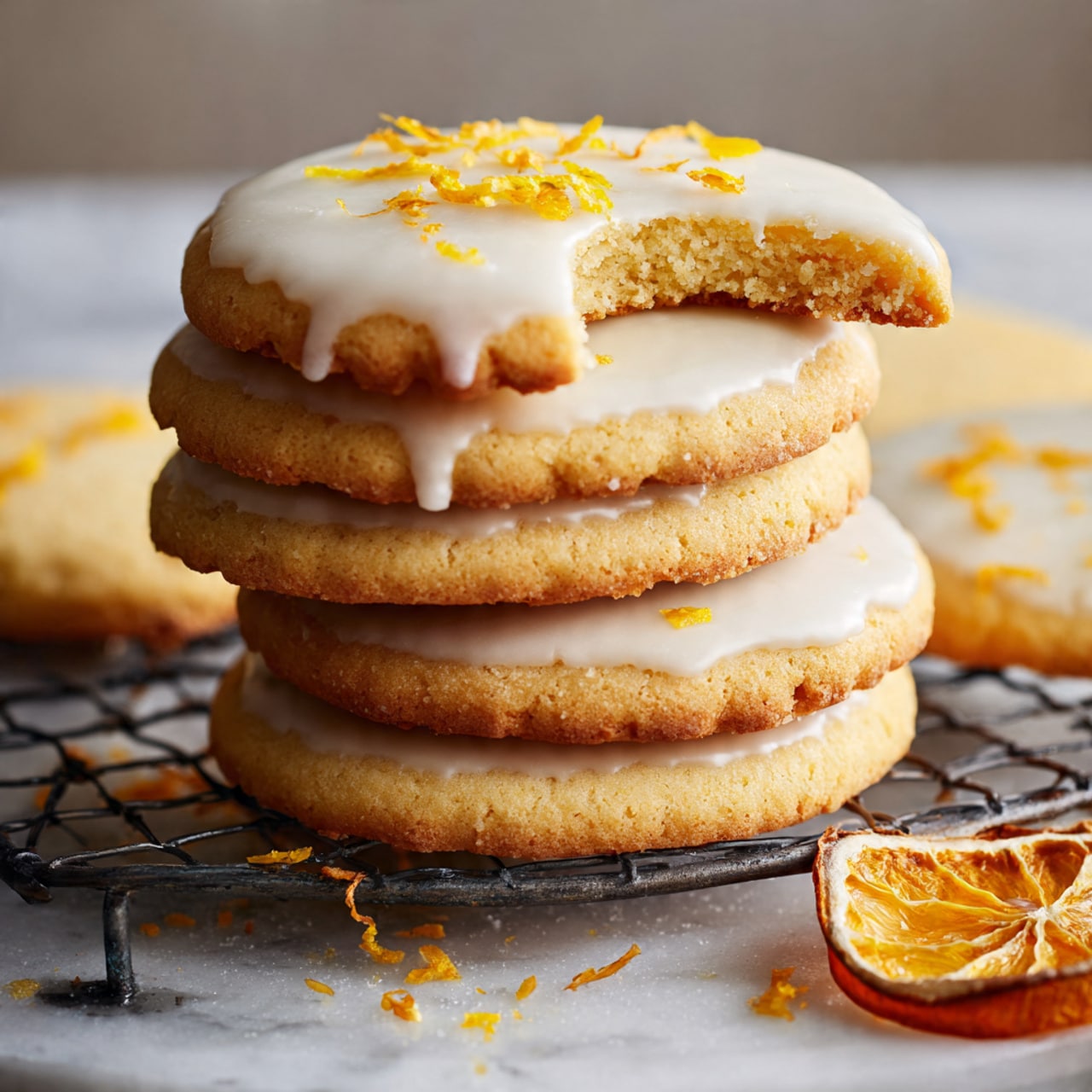 A stack of five round, golden shortbread cookies sits on a wire rack over a white marbled surface. Each cookie has a scalloped edge and is topped with a smooth white glaze that slightly drips down the sides. The top cookie has a bite taken out of it, showing its soft, crumbly texture inside. Small pieces of orange zest are scattered on the glaze and around the cookies. To the side, a dried orange slice adds a rustic touch. The whole scene has a warm, inviting look. photo taken with an iphone --ar 4:5 --v 7