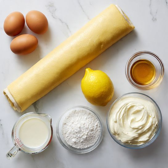The image shows ingredients arranged on a white marbled surface, starting with a roll of pastry dough positioned diagonally at the top left corner. Below it, two brown eggs rest side by side. Near the center, a bright yellow lemon sits above a small glass bowl filled with vanilla extract. To the bottom left, a clear measuring cup contains milk, and next to it, a small glass bowl holds salt. On the right side, two glass bowls are placed—one filled with white powdered sugar at the bottom right and another with smooth cream cheese above it. The scene is clean and organized, with soft natural lighting. Photo taken with an iphone --ar 4:5 --v 7