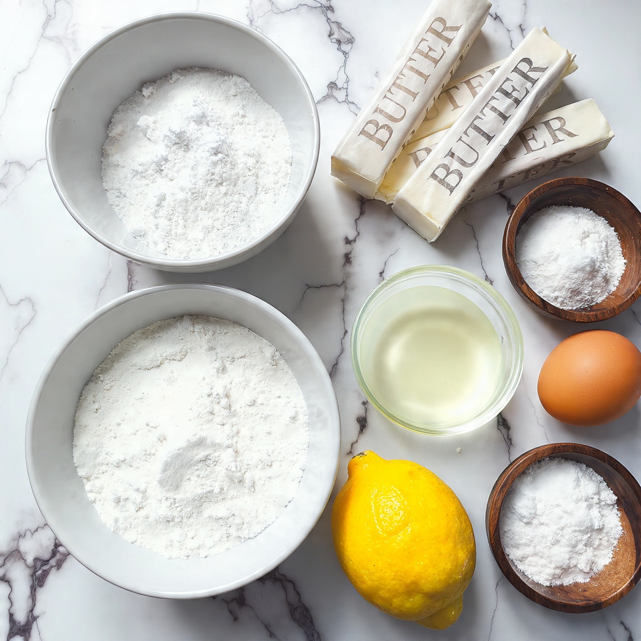 The image shows baking ingredients arranged neatly on a white marbled surface. There are two white bowls filled with white flour and powdered sugar, a smaller glass bowl with clear liquid, two sticks of butter wrapped in paper labeled
