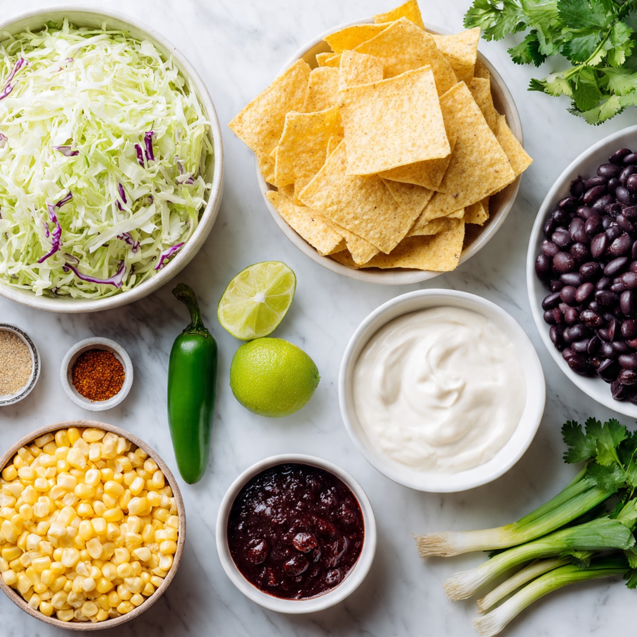 The image shows several white bowls and a few loose ingredients arranged neatly on a white marbled surface. At the top left, a bowl is filled with shredded light green and purple cabbage. To the right, another white bowl holds square yellow tortilla chips stacked irregularly. Below the cabbage bowl, a small bowl contains a dark red salsa. Next to it is a whole green jalapeño pepper, with three lime wedges placed around it. Below this, a white bowl is filled with yellow corn kernels, while to its left, a bowl of black beans sits near the bottom of the frame. A small dish containing lime half and reddish spices is near the bottom left. To the right of the corn bowl is a small white bowl with pale creamy sour cream, and above that is another bowl filled with thick white sauce. On the right side, fresh green cilantro sprigs and four green onions lie directly on the white marbled surface. Everything is well lit, clear, and arranged symmetrically. Photo taken with an iphone --ar 4:5 --v 7