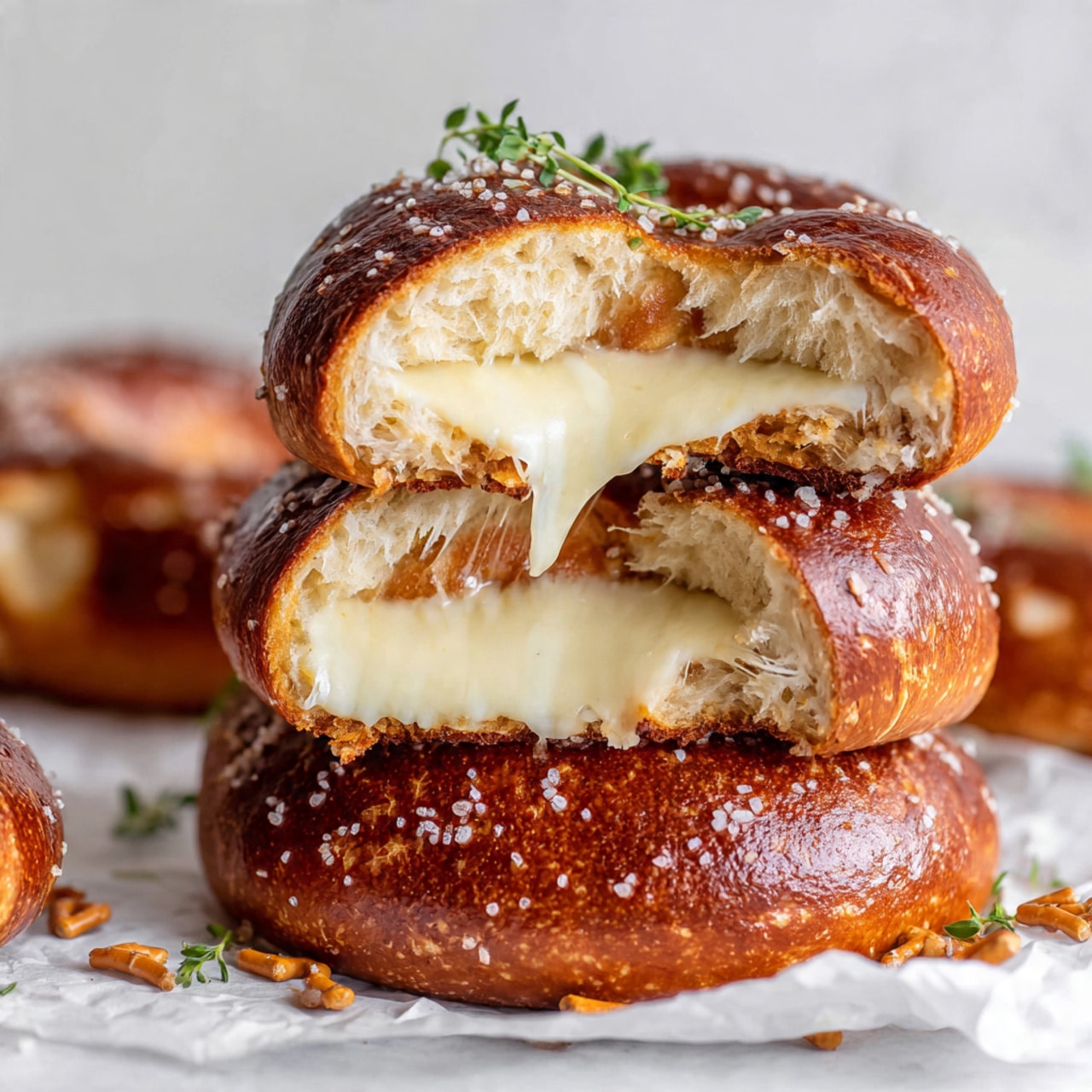 This image shows a stack of soft pretzel bread pieces with melted creamy cheese inside. The top piece is cut in half, showing the melted cheese oozing out, with a shiny and dark brown crust and a light, fluffy inside. The pretzels have some salt sprinkled on them and are placed on white parchment paper with small pretzel bites scattered around. There is a green herb sprig on top of the stack. The background is a white marbled surface, highlighting the warm, golden-brown color and texture of the pretzels and cheese. photo taken with an iphone --ar 4:5 --v 7