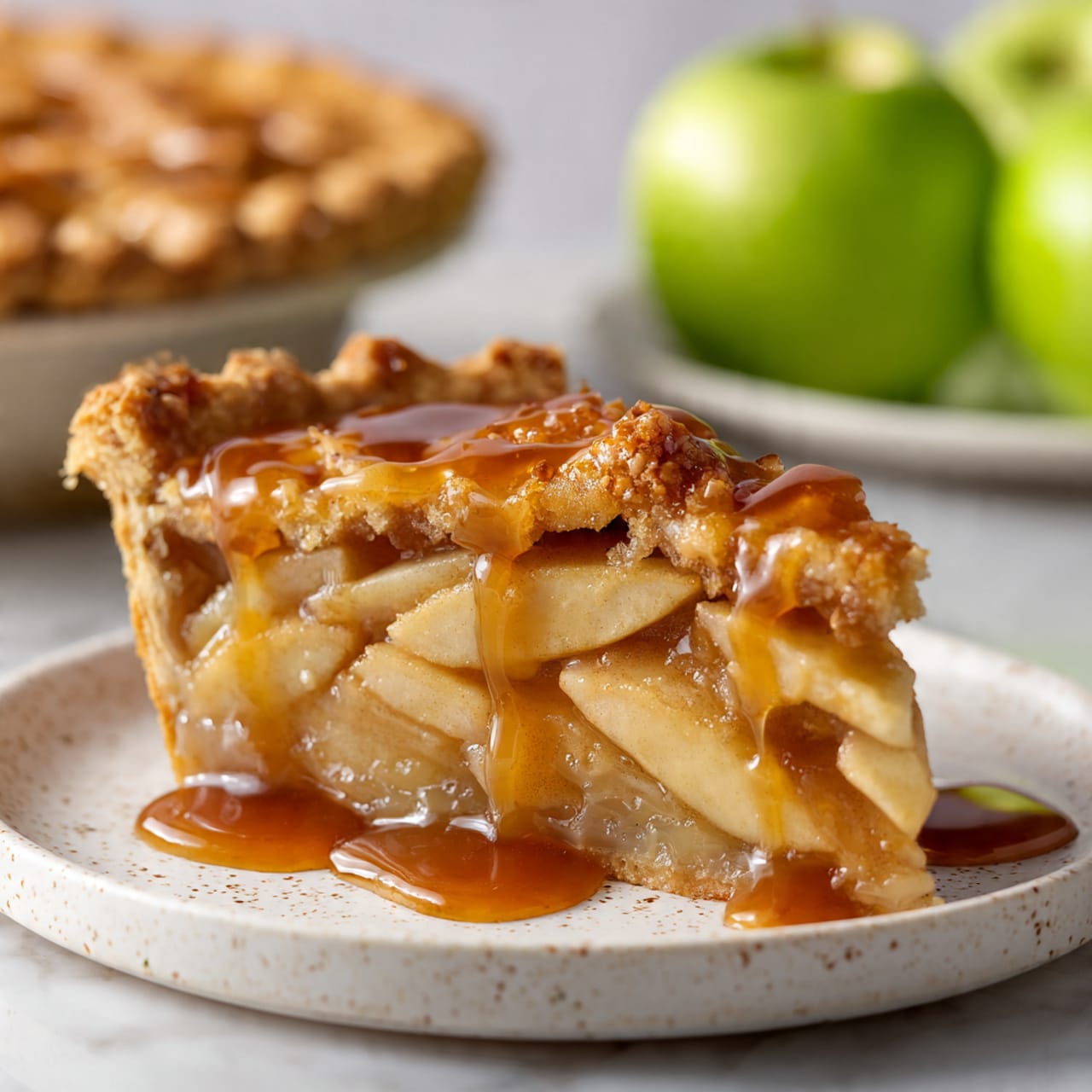 A slice of apple pie sits on a white speckled plate with a thick, golden-brown crust on the top and edges, showing soft, cooked apple pieces inside. The pie filling is light tan with visible apple slices layered closely together. Rich caramel sauce drips over the top and pools on the plate below, adding a shiny amber glaze. In the blurred background, a pie dish with more apple pie and a plate of green apples are visible on a white marbled surface. photo taken with an iphone --ar 4:5 --v 7
