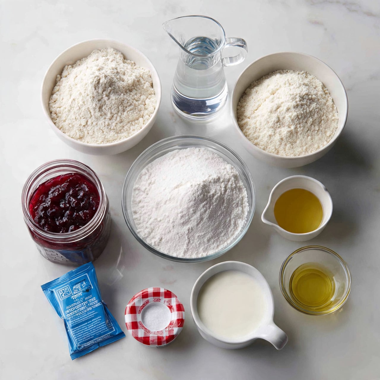 The image shows several clear glass bowls and a white bowl filled with baking ingredients, placed on a white marbled surface. In the upper center is a clear glass pitcher with clear water. To the left is a large glass bowl with white all purpose flour, and below it a small white bowl with white salt. Near the bottom left is a small glass bowl with white sugar and a blue packet of active dry yeast lying flat. Below the center is a white bowl filled with fine white powdered sugar. To the right of the water is a large glass bowl filled with white bread flour. Below this bowl is a small clear glass bowl with golden oil, and next to it a glass measuring cup with white milk. At the bottom left is a jar of dark red raspberry jam with a red and white checkered lid. The items are all labeled with black text on white backgrounds. photo taken with an iphone --ar 4:5 --v 7