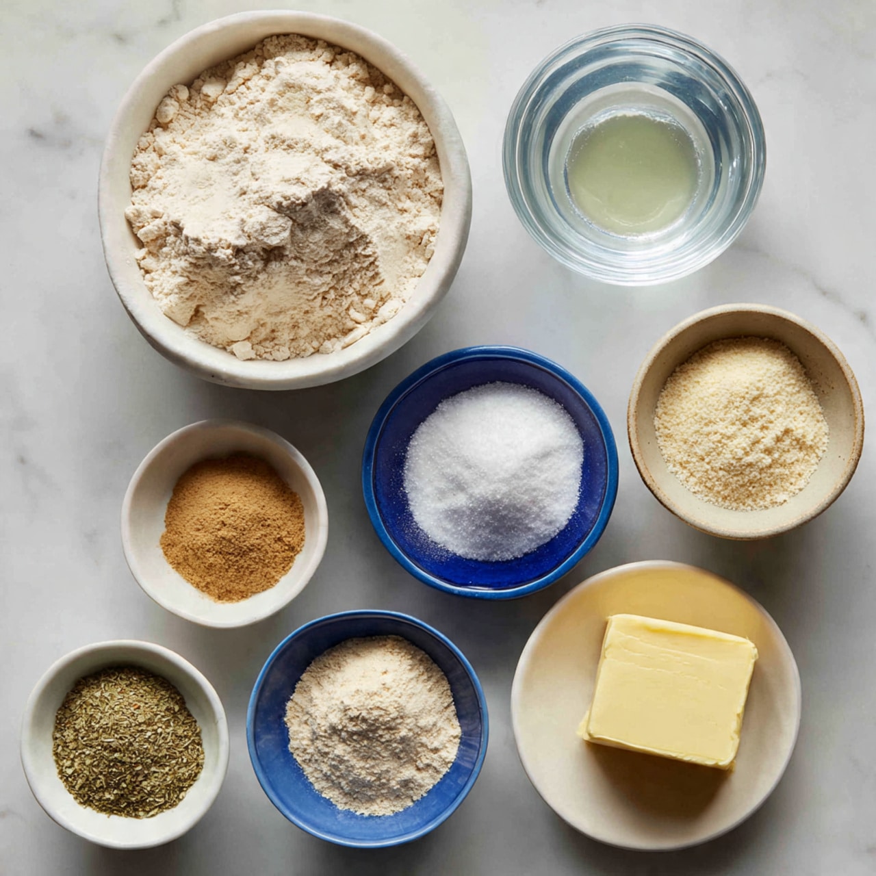 A white bowl filled with light beige all-purpose flour sits at the top left on a white marbled surface. To its right, there is a small clear glass bowl holding warm water. Below these, five small blue glass bowls are neatly arranged in a rough semicircle: from left to right, the first has tan active dry yeast, the second holds white salt, the third contains pale yellow grated parmesan, the fourth has light brown garlic powder, and the fifth is filled with white sugar. Below these bowls, a white bowl with greenish dried Italian seasoning is on the left, next to it is a white bowl with golden olive oil, and a stick of yellow unsalted butter is on the right, placed directly on the surface. Each ingredient is labeled with simple black text on white backgrounds. photo taken with an iphone --ar 4:5 --v 7