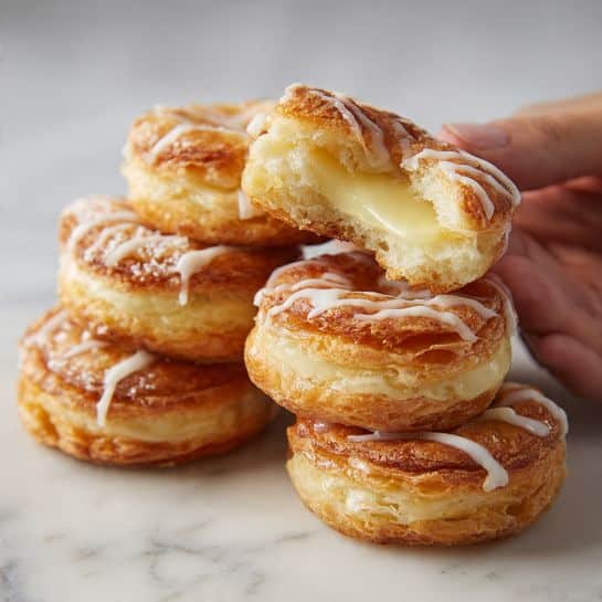 The image shows a close-up of several round pastries arranged on a white plate, sitting on a white marbled surface. Each pastry has a golden-brown, flaky outer layer with a shiny texture, and is folded up around the edges creating a rim that holds a creamy pale yellow filling in the center. The filling appears smooth and slightly glossy. White icing is drizzled in thin, uneven lines over the top of the pastries, adding a contrasting bright white color against the golden crust and creamy center. The pastries overlap slightly, filling the plate. Photo taken with an iphone --ar 4:5 --v 7
