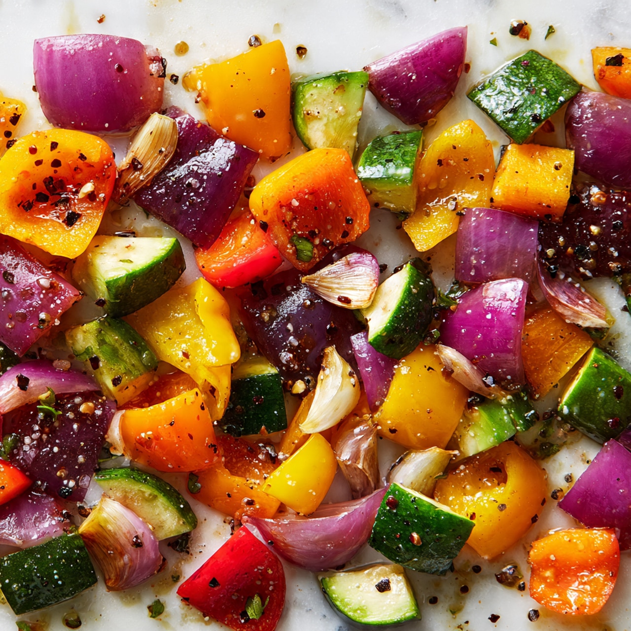 A flat layer of mixed chopped vegetables scattered evenly on a white marbled surface, including bright red, yellow, orange, and green bell pepper pieces with a shiny, slightly oily texture, along with sliced dark green zucchini pieces and purple-red onion wedges. There are also whole garlic cloves spread throughout, adding contrast. The vegetables show fresh colors with a mix of smooth and slightly rough textures, and some seasoning visible as tiny black specks over the vegetables photo taken with an iphone --ar 4:5 --v 7