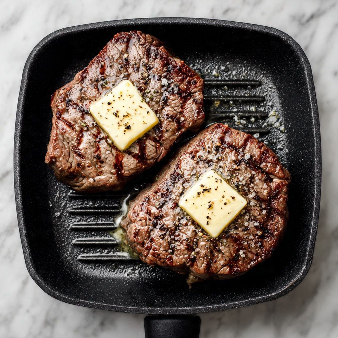 Two cooked steaks with a dark brown grilled texture lie inside a black pan. Each steak has a square piece of melting yellow butter on top, sprinkled with black pepper. The pan has a round rack inside with ridges visible beneath the steaks. The butter looks creamy against the textured cooked surface of the meat, with some juices around the edges. The scene is set on a white marbled texture photo taken with an iphone --ar 4:5 --v 7