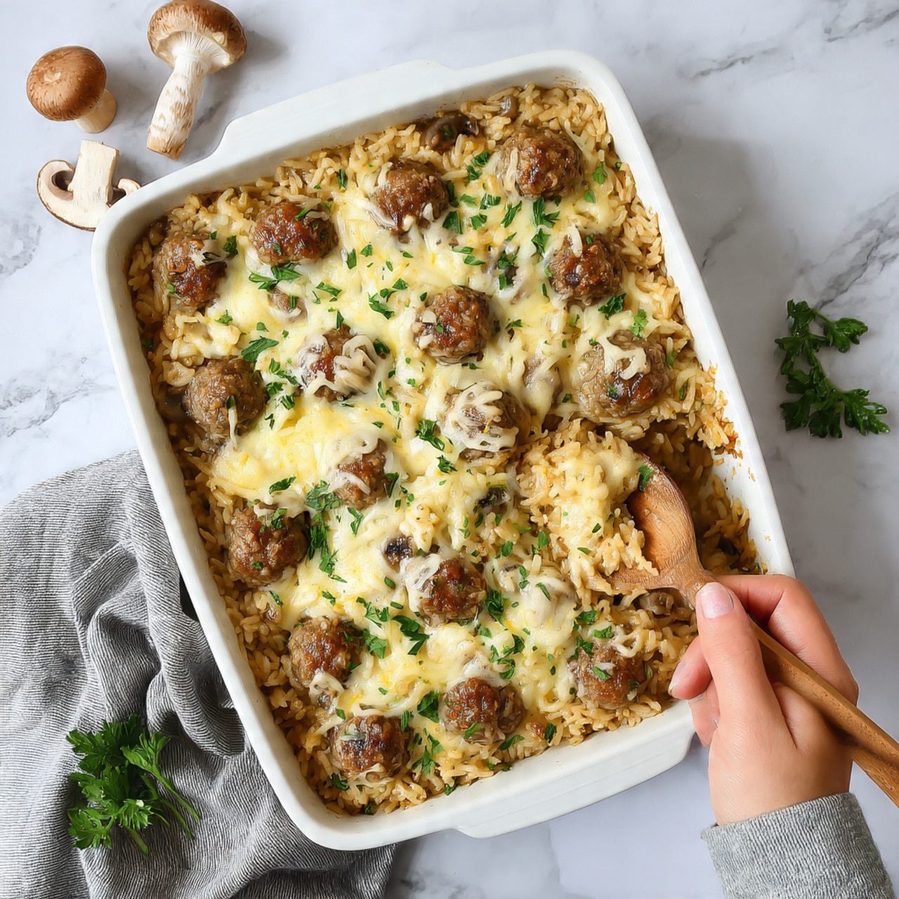 The image shows a close-up of a baked dish in a white pan with a wooden spoon. The dish has three main layers: the bottom layer is soft cooked rice mixed with a light brown sauce, the middle layer contains browned meatballs and sliced mushrooms which are dark brown with a shiny texture, and the top layer is sprinkled with melted shredded cheese that is pale yellow and slightly stringy, along with small green herb pieces scattered on top. The wooden spoon is scooping a mix of rice, meatballs, mushrooms, and cheese, showing a rich, hearty texture. The entire scene is set on a white marbled surface. photo taken with an iphone --ar 4:5 --v 7