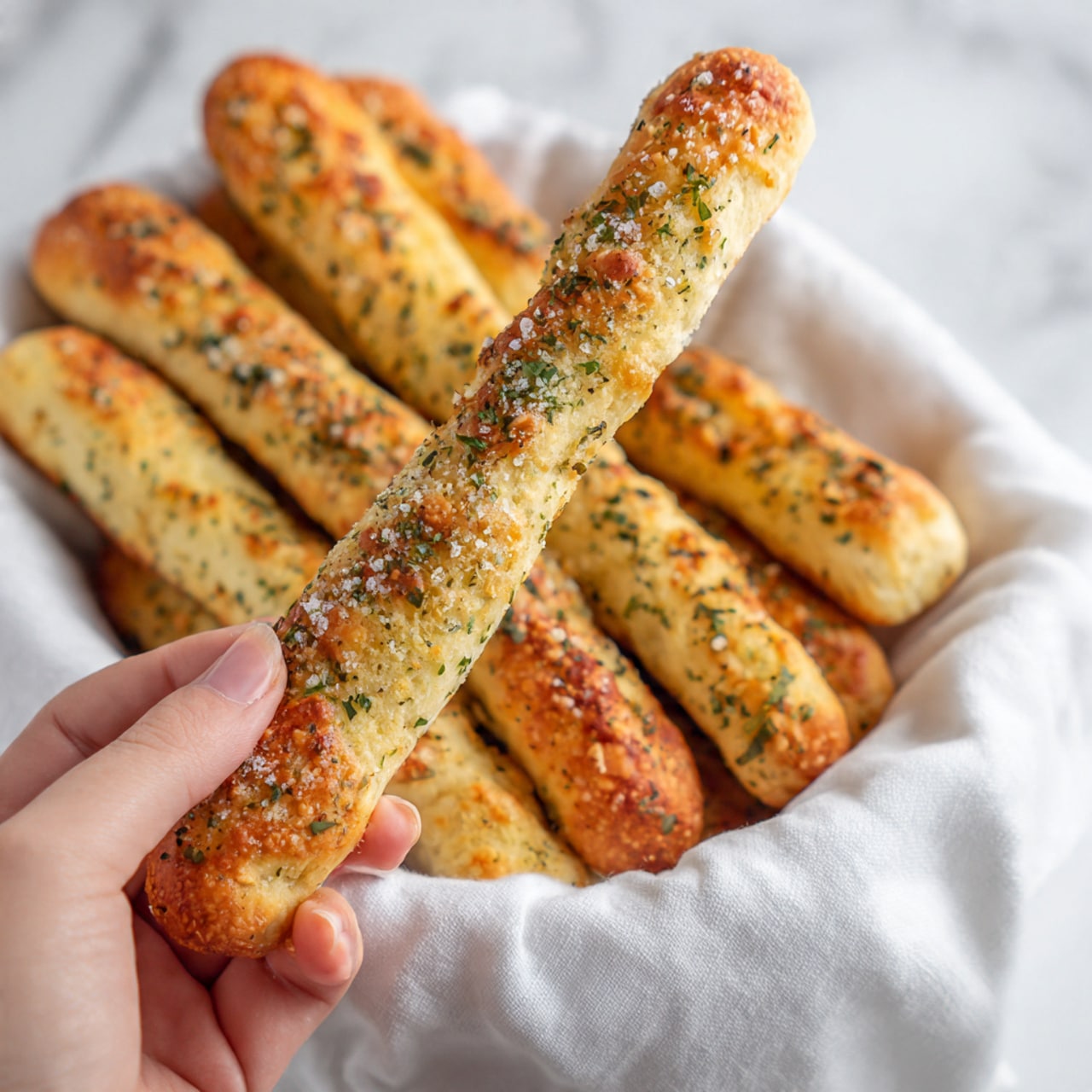 A woman's hand is holding one golden brown breadstick coated with coarse salt and herbs in the foreground. Below, there is a white cloth lined basket filled with several more breadsticks that have a similar golden color and specks of seasoning. The texture of the breadsticks is soft with a slightly crispy crust. The background has a soft white marbled texture with some blurred yellow and green colors. Photo taken with an iphone --ar 4:5 --v 7