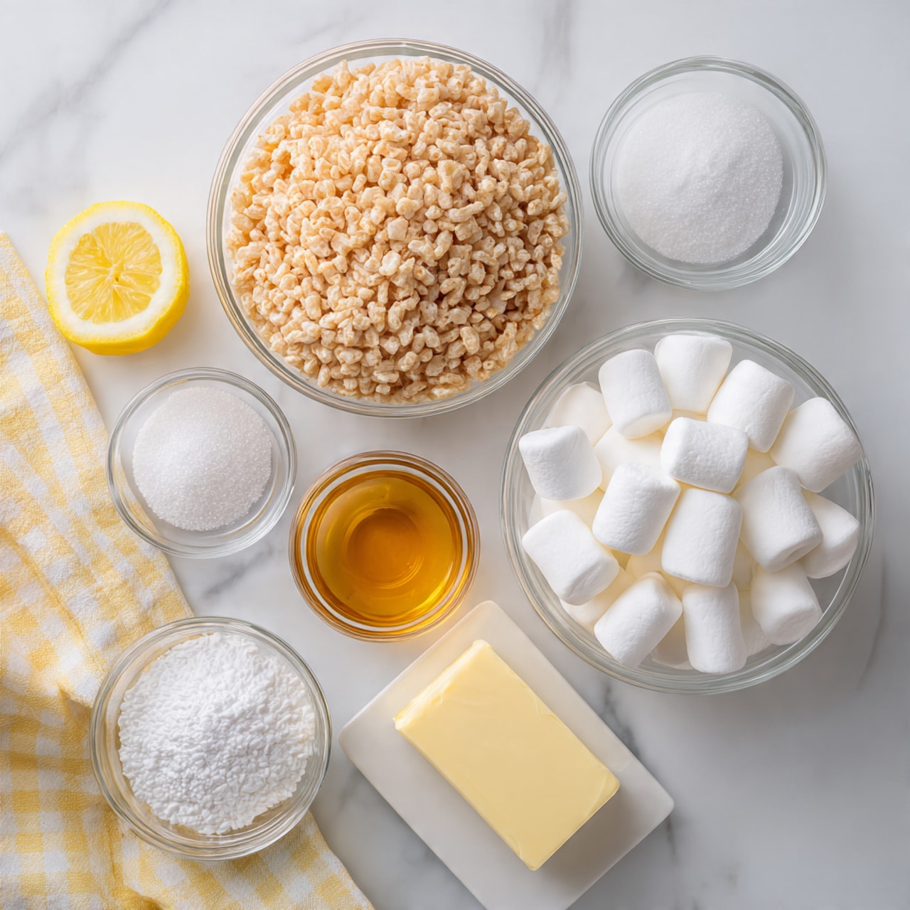 The image shows clear glass bowls filled with ingredients arranged neatly on a white marbled surface. The largest bowl at the top holds light golden brown Rice Krispie cereal, with small puffed rice grains tightly packed. Below it, another large bowl contains small, white, fluffy marshmallows, filling the bowl completely. Around the bowls are smaller clear containers holding fine white granulated sugar, bright yellow lemon, and white powdered sugar. A small glass cup with amber liquid vanilla extract is placed next to a light yellow stick of butter in its wrapper, and a very small cup of clear lemon extract is also visible. A soft yellow and white checkered cloth is on the left side, adding a warm touch. The setup is bright and clean, with all items spaced clearly from each other. photo taken with an iphone --ar 4:5 --v 7