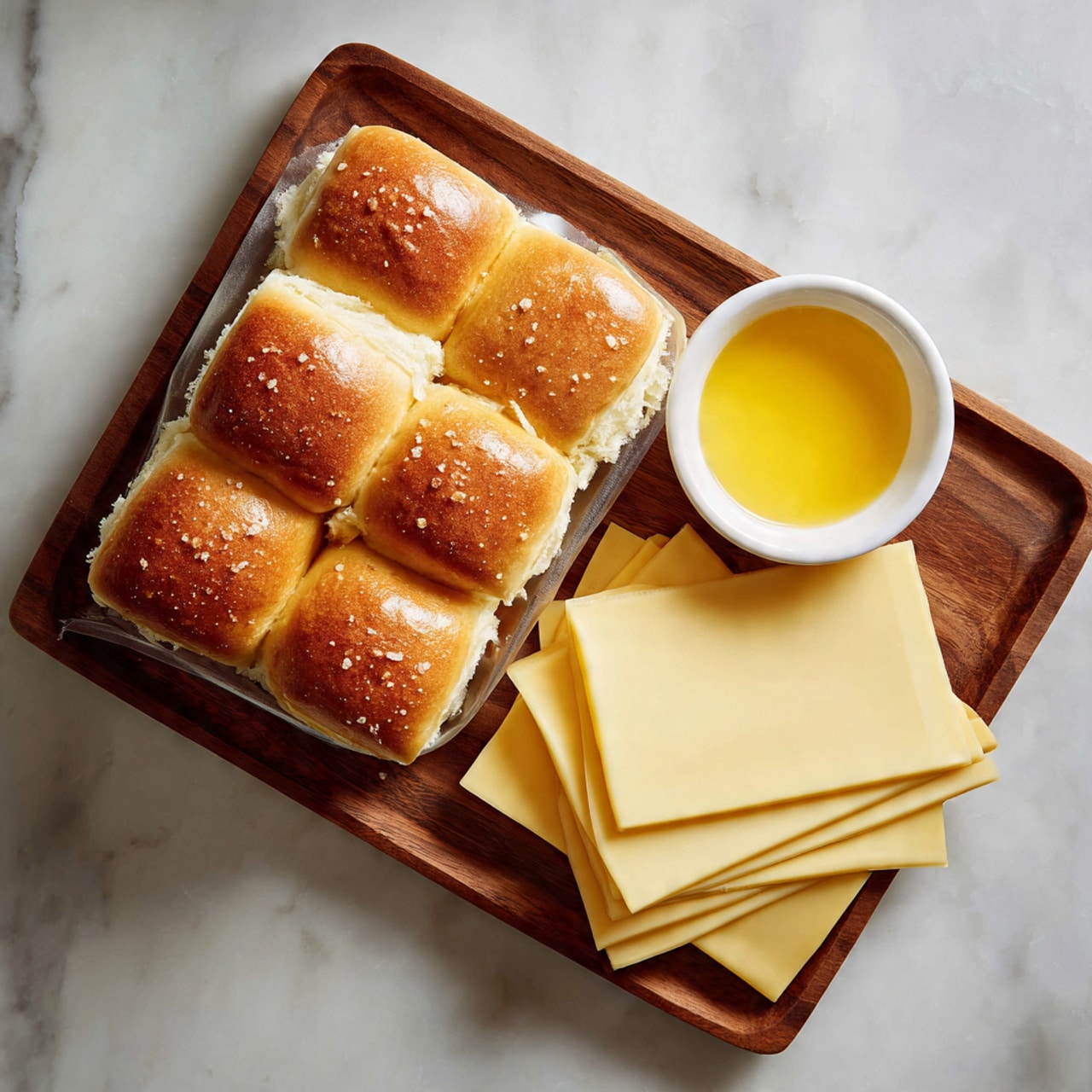 The image shows a wooden board on a white marbled surface holding three main items: a package of 12 soft golden brown Hawaiian rolls arranged in a 3 by 4 grid on the top left, a small white bowl filled with melted yellow salted butter placed on the top right, and a neat stack of 8 to 10 pale yellow cheese slices fanned out on the bottom right. The image includes white text labels identifying each item with the package of rolls, butter quantity, and cheese slices. Photo taken with an iphone --ar 4:5 --v 7