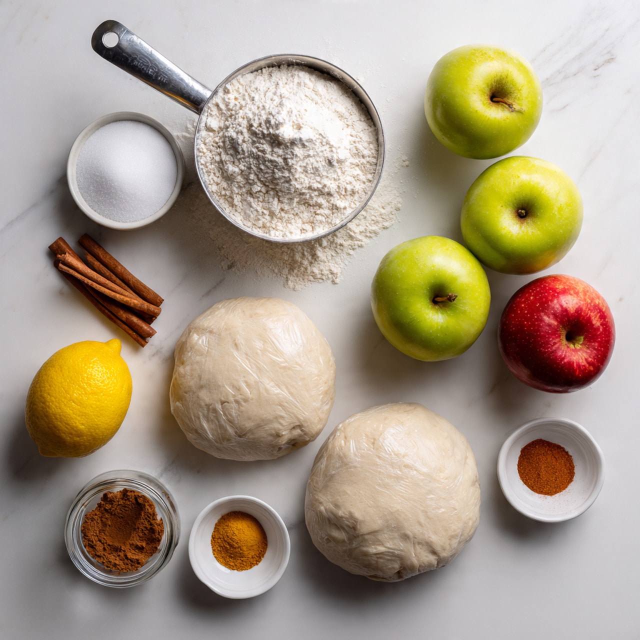 The image shows a white marbled surface with two wrapped pale beige dough rounds placed at the bottom center. Above and to the right of the dough are a metal measuring cup filled with white flour and three green apples along with two yellow apples and one red apple scattered around them. To the left of the apples is a yellow lemon, a small white bowl filled with white granulated sugar, and a small white bowl with four different spices in brown and orange shades. At the bottom left corner is a small glass jar filled with cinnamon powder. Photo taken with an iphone --ar 4:5 --v 7
