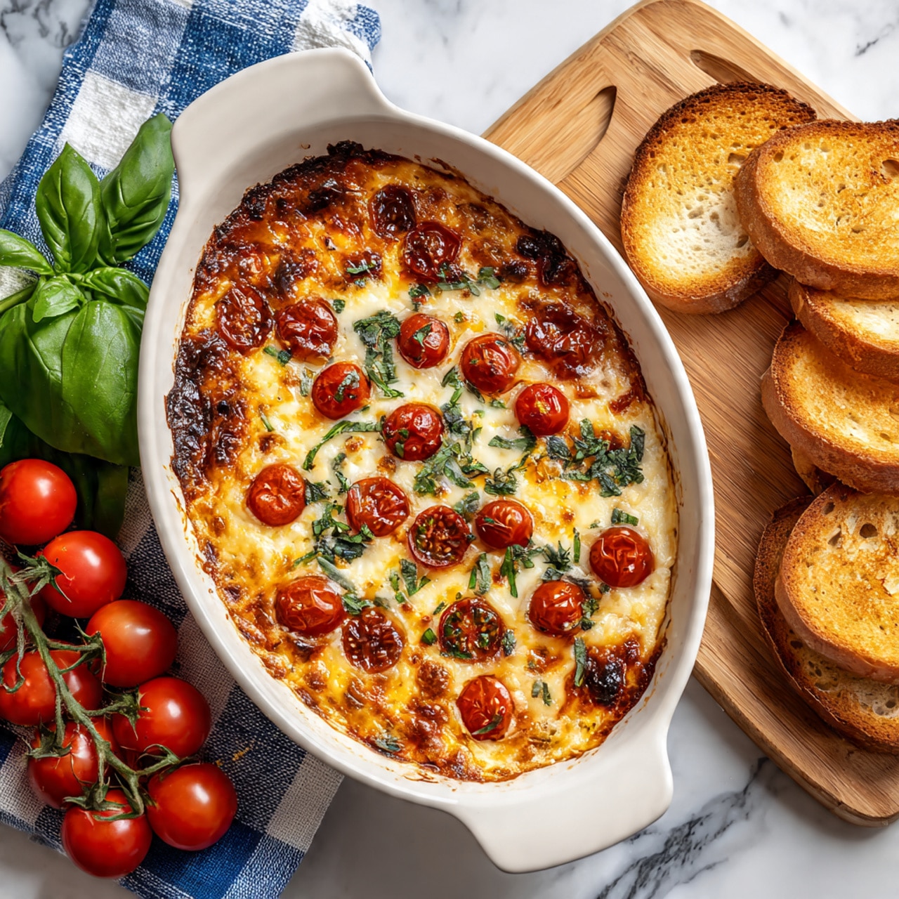In a white bowl, there is a creamy cheese dip with a soft, melted texture on the top layer. It is dotted with bright red, halved cherry tomatoes and small pieces of chopped green herbs spread evenly. Toasted golden-brown garlic bread slices are placed inside the bowl, some dipped in the cheese. A woman's hand is picking up one toasted bread slice, pulling it out with long, stretchy strings of melted cheese connecting the dip and bread. The bowl sits on a white marbled surface with parts of a beige cloth nearby. photo taken with an iphone --ar 4:5 --v 7