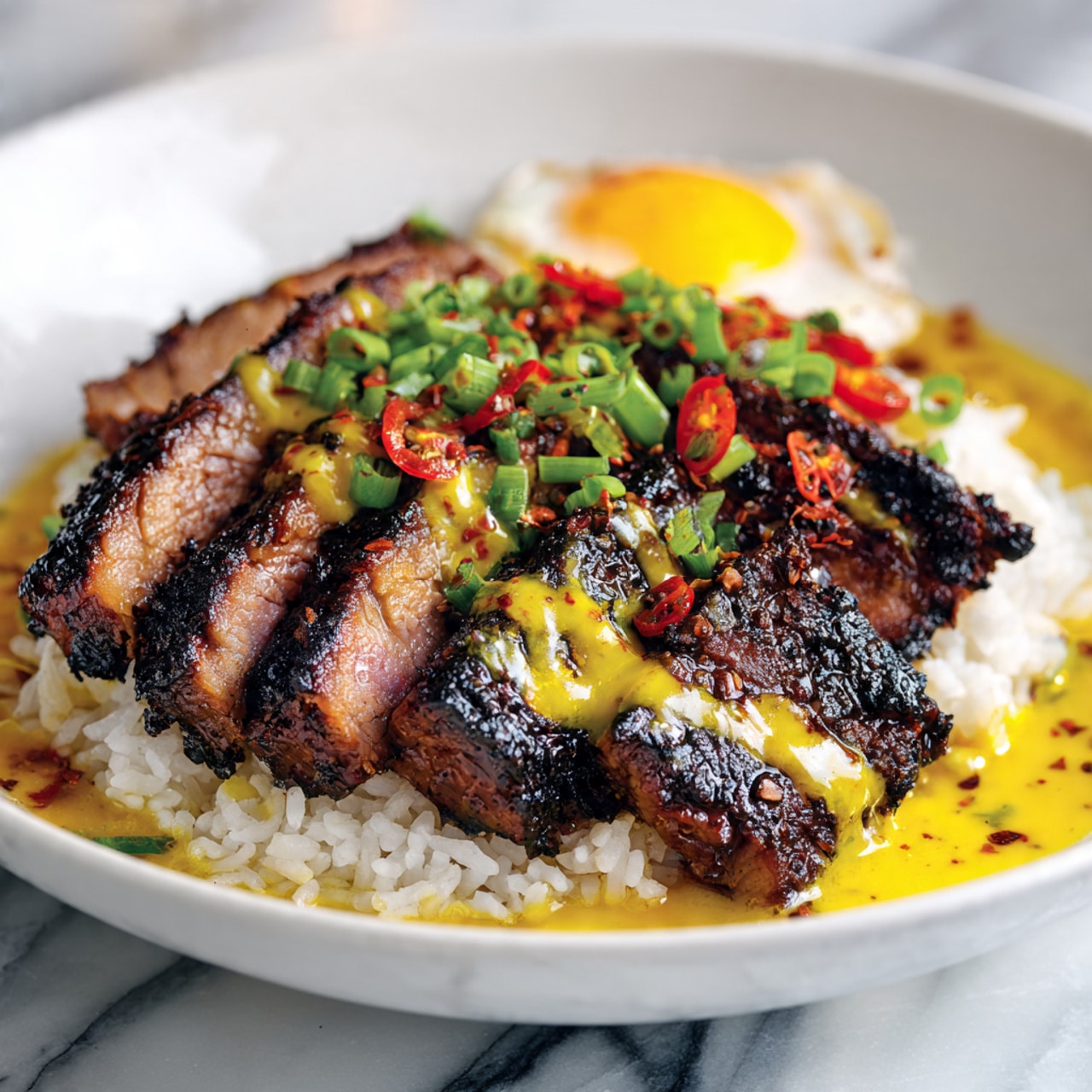 A white bowl filled with a base layer of white rice, topped with sliced grilled steak showing a dark brown, slightly charred texture. The steak is drizzled with a creamy light orange sauce and sprinkled with chopped green onions. Next to the steak are thin, round cucumber slices covered in the same sauce. In the upper right corner, there is a sunny-side-up egg with a bright yellow yolk. The dish sits on a white marbled surface. photo taken with an iphone --ar 4:5 --v 7