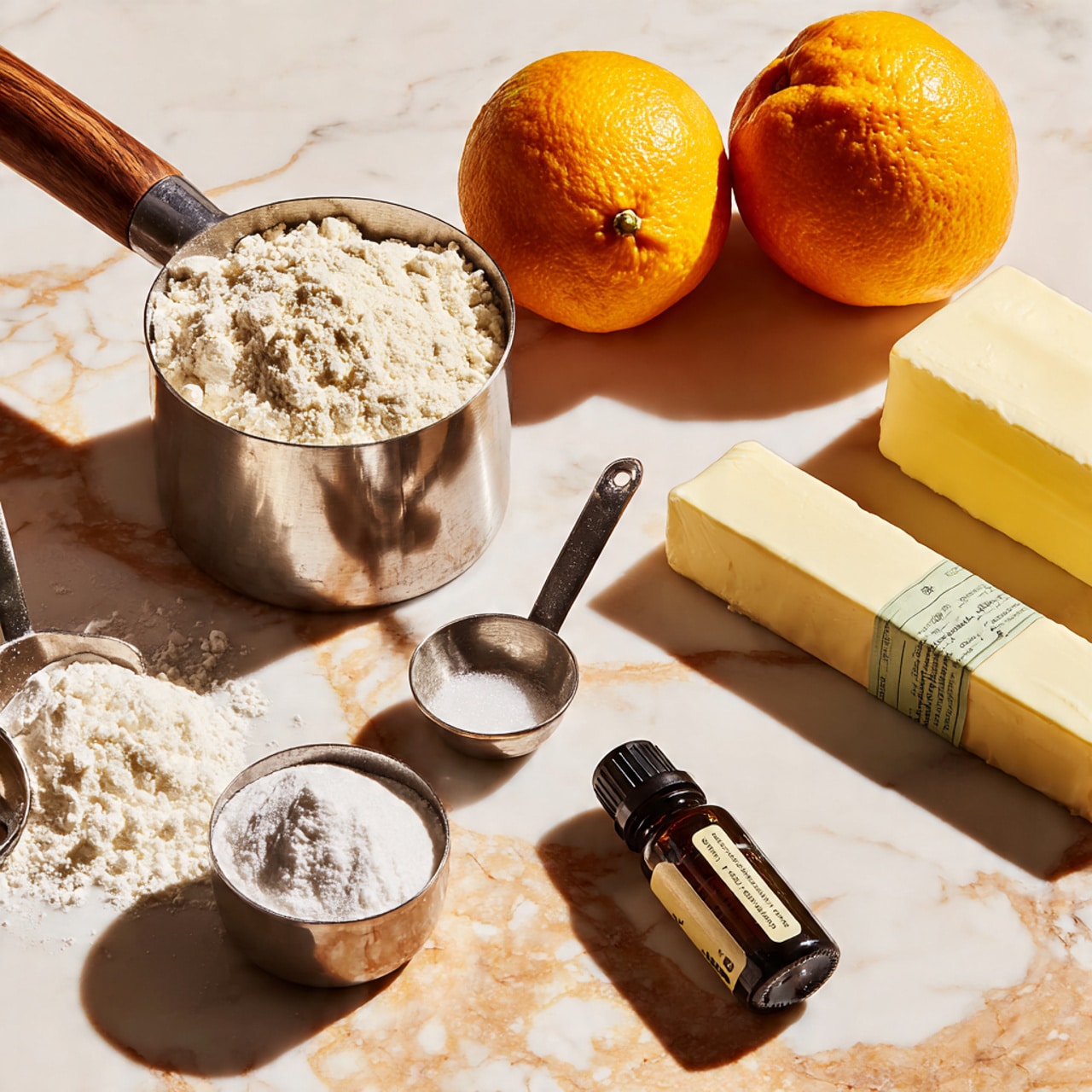 The image shows a brown and black speckled white marbled surface with baking ingredients neatly arranged on it. On the left, there is a metal measuring cup with a wooden handle filled with white flour. Next to it, two whole oranges are placed side by side, labeled as orange juice and orange zest. To the right of the oranges, there are two sticks of butter with green labels, placed horizontally. Above the butter, there is a metal measuring cup filled with powdered sugar, and below it, a smaller metal measuring cup with white corn starch. In front of the butter sticks, there is a small dark brown bottle of vanilla extract. All ingredients are organized clearly and the background is clean and bright. Photo taken with an iphone --ar 4:5 --v 7