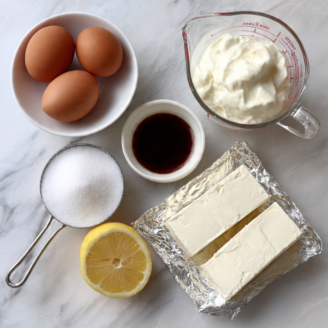 The image shows ingredients arranged on a white marbled surface, including three brown eggs in a small white bowl at the top left, a glass measuring cup filled with thick white cream at the top right, and two blocks of soft white cream cheese on opened silver foil at the bottom right. In the middle, there is half a lemon with a yellow interior and a small white bowl holding a small amount of brown vanilla extract. At the bottom left, a metal measuring cup is filled with white granulated sugar. All the items are neatly placed with clear textures and colors, making the ingredients easy to identify. Photo taken with an iphone --ar 4:5 --v 7