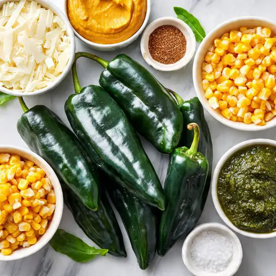 The image shows a collection of fresh dark green poblano peppers spread over a white marbled surface. Surrounding the peppers are four small white bowls: one filled with grated white cheese, one with yellow corn kernels, one containing a chunky green salsa, and one with an orange-colored sauce that is smooth in texture. There is also a tiny white bowl with salt and a brown spice mix side-by-side. The overall setting highlights the bright colors and fresh textures of the ingredients. photo taken with an iphone --ar 4:5 --v 7