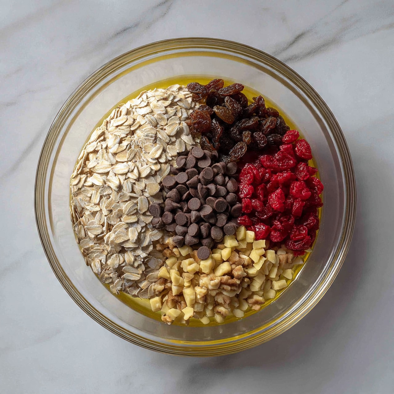 A clear glass bowl on a white marbled surface holds five different layers of ingredients that are not yet mixed. Starting from the bottom, there is a thin layer of light golden liquid, likely oil or syrup. On top of this, the largest section is filled with off-white rolled oats on the left side. To the right of the oats, there are four smaller sections arranged closely: dark brown dried raisins at the top, bright red dried cranberries immediately below the raisins, smooth dark brown chocolate chips in the center, and golden chopped nuts at the bottom. The ingredients show a mix of textures from smooth to rough and colors from light to dark. Photo taken with an iphone --ar 4:5 --v 7