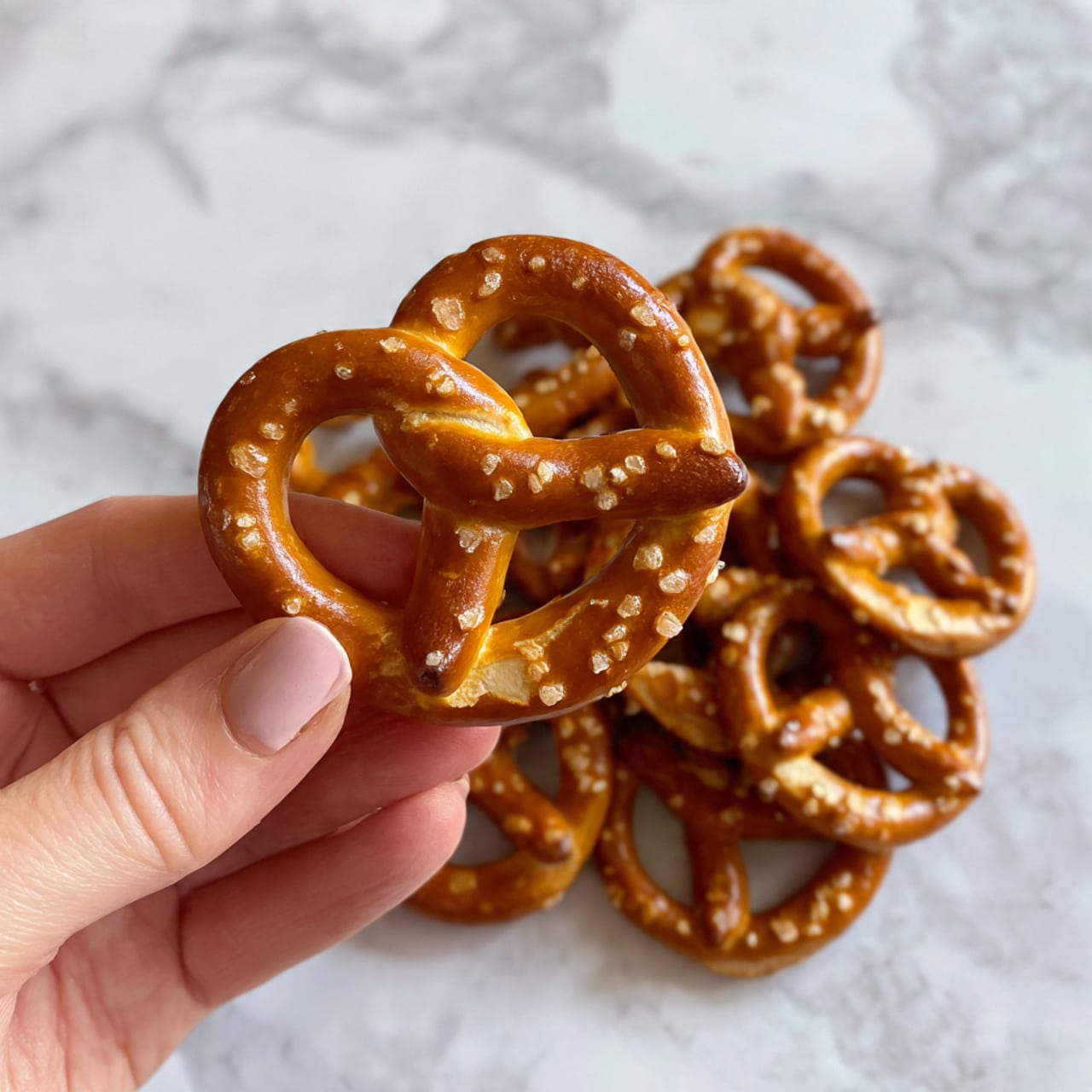 A woman's hand is holding a light brown pretzel with a shiny, smooth surface above a pile of similar pretzels on a white plate. The pretzels have a twisted knot shape with visible salt crystals and a crunchy texture. The background shows a white marbled surface with soft, natural light. Photo taken with an iphone --ar 4:5 --v 7