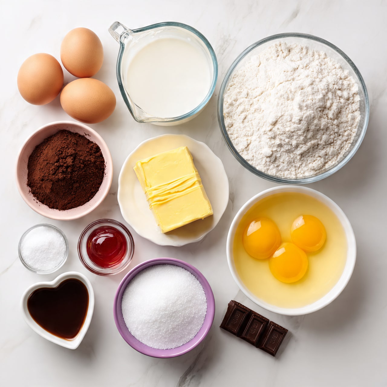 A top view of baking ingredients placed on a white marbled surface, including a large glass bowl of white flour at the top right, a glass measuring jug filled with milk at the top left, and a small white bowl with two raw eggs yolks and whites near the center right. Below the eggs is a white bowl filled with melted yellow butter. To the left of the butter, a small light pink bowl is filled with dark brown cocoa powder. Above it, there is a bright yellow package of cocoa powder and a small packet of yeast. Next to the yeast packet is a small white jar of red food coloring. At the top center is a small purple bowl filled with white granulated sugar and a tiny white bowl containing salt. A small white bowl shaped like a heart holding a dark brown liquid sits at the middle left. photo taken with an iphone --ar 4:5 --v 7
