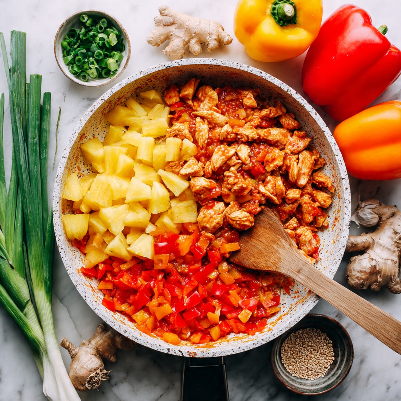 The image shows a white speckled pan filled with a colorful dish. The bottom layer is a bright orange-red sauce mixed with diced red and yellow bell peppers. On top of the sauce, there are chunks of cooked white chicken pieces spread on the right side and in the center. On the left side, there are bright yellow pineapple chunks. A wooden spoon rests inside the pan, positioned slightly to the right, stirring through the chicken and pineapple. The pan sits on a white marbled surface with whole red, orange, and yellow bell peppers, green onions, fresh ginger root, garlic bulb, and a small bowl of sesame seeds around it. Photo taken with an iphone --ar 4:5 --v 7