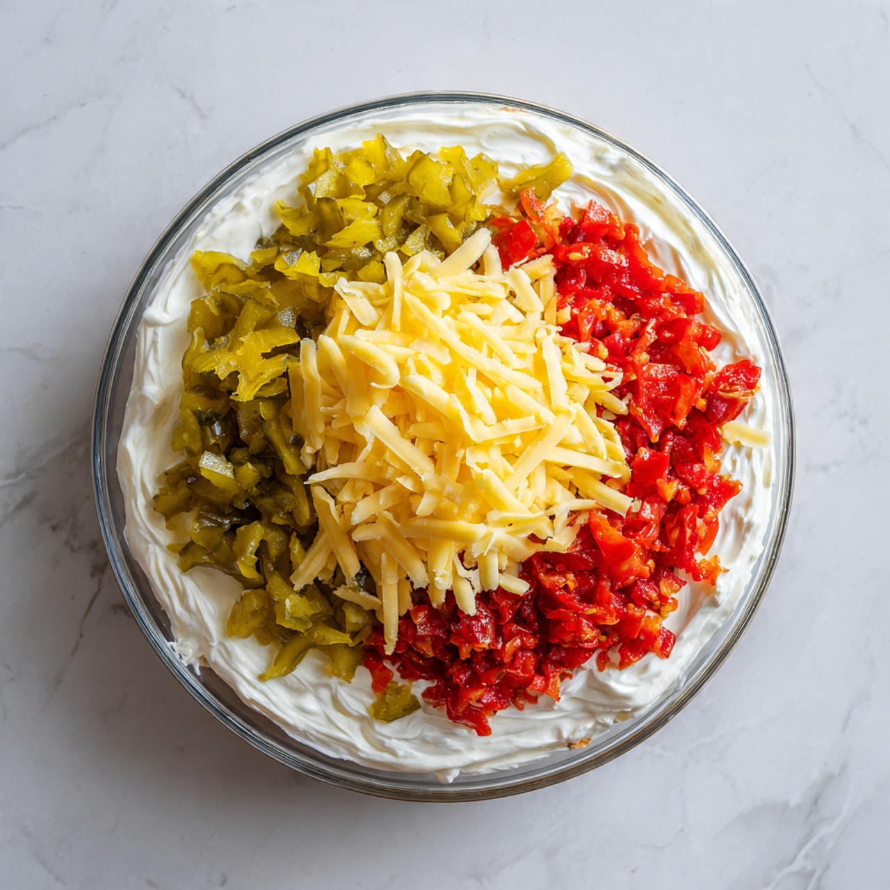 A clear glass bowl sits on a white marbled surface, filled with three main layers of ingredients distinctly placed on a thick, creamy white base layer of cream cheese mixture. On top, there is a pile of pale yellow shredded cheese positioned in the center. To the left, there is a heap of finely chopped green pickles, and on the right, a bright red layer of diced tomatoes. The textures contrast between the smooth creamy base and the shredded and chopped toppings. photo taken with an iphone --ar 4:5 --v 7