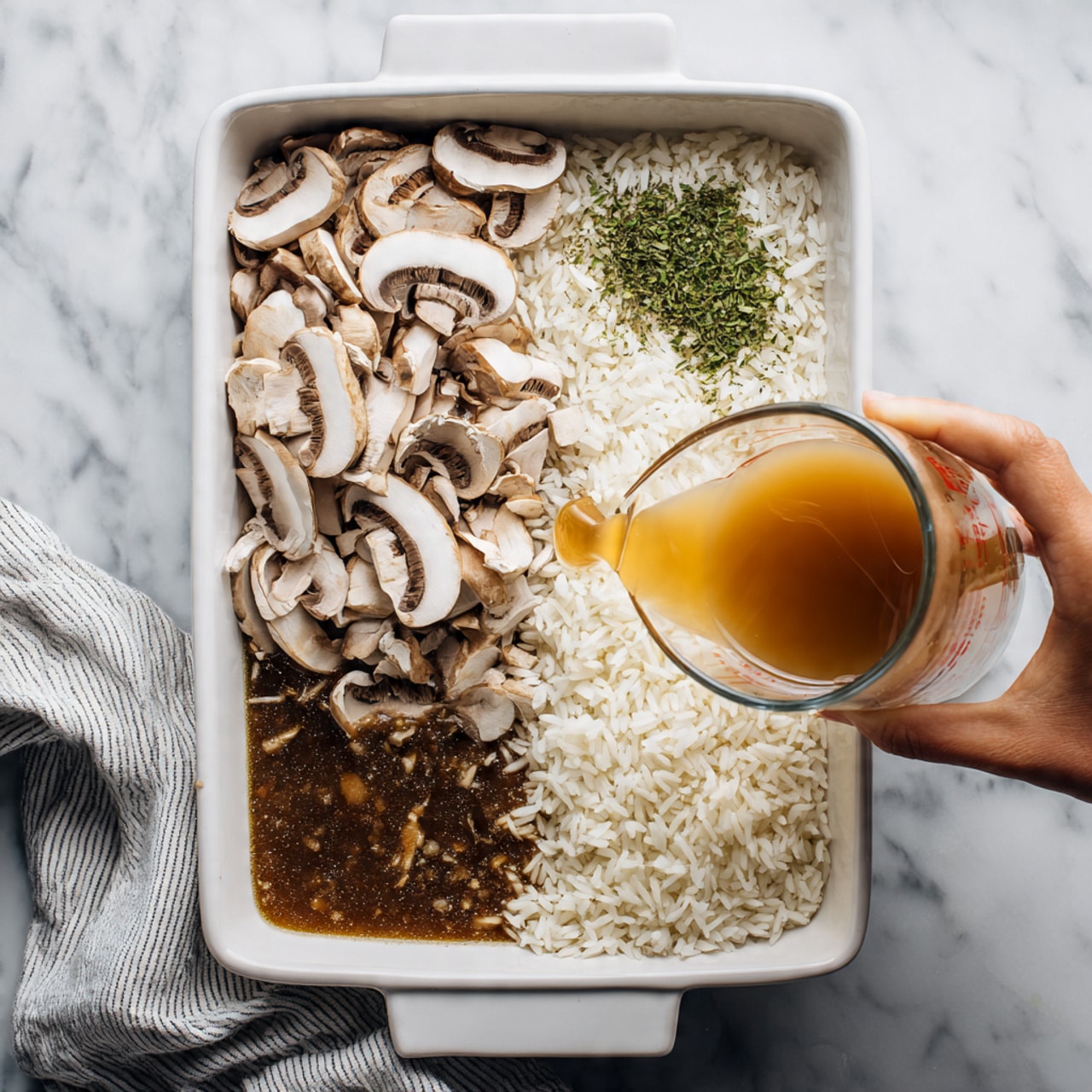 A white rectangular baking dish holds several uncooked ingredients arranged in layers. On the top left is a thick layer of brown and white sliced mushrooms, with visible soft textures. To the right is a spread of uncooked white rice grains with a small pile of green dried herbs on top. Below the rice is a dark brown sauce mixed with onions, creating a glossy and rich texture. A woman's hand pours a light amber broth from a clear glass measuring cup into the dish. The dish is placed on a white marbled surface, with a striped cloth partially visible on the side. Photo taken with an iphone --ar 4:5 --v 7
