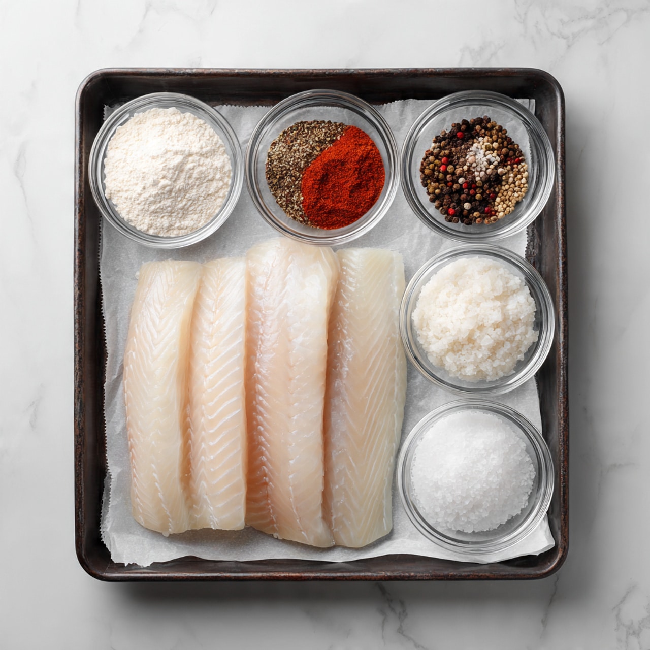 The image shows a dark metal baking tray lined with white parchment paper on a white marbled surface. In the middle of the tray, there are two raw light beige fish fillets laid side by side. Above the fillets, five small clear glass bowls hold different ingredients: the leftmost bowl holds white flour, the next one has a mix of brown and reddish powder spices, the middle one contains black pepper and white salt, the second from right has a white powder, and the rightmost bowl holds white powdery starch. The ingredients are neatly arranged in a row above the fish fillets. Photo taken with an iphone --ar 4:5 --v 7