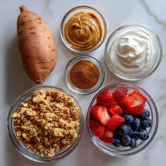 The image shows six ingredients placed neatly on a white marbled surface: a whole sweet potato with a light brown, rough skin on the left, a small glass bowl of thick white yogurt at the top right, a small glass bowl of smooth brown peanut butter just below the yogurt, a very small glass bowl with light brown cinnamon powder in the center, a small glass bowl of chunky granola with bits of oats and seeds at the bottom left, and a small glass bowl filled with fresh red strawberries cut into pieces mixed with dark blue blueberries at the bottom right. All bowls are clear glass, showing the textures clearly. Photo taken with an iphone --ar 4:5 --v 7