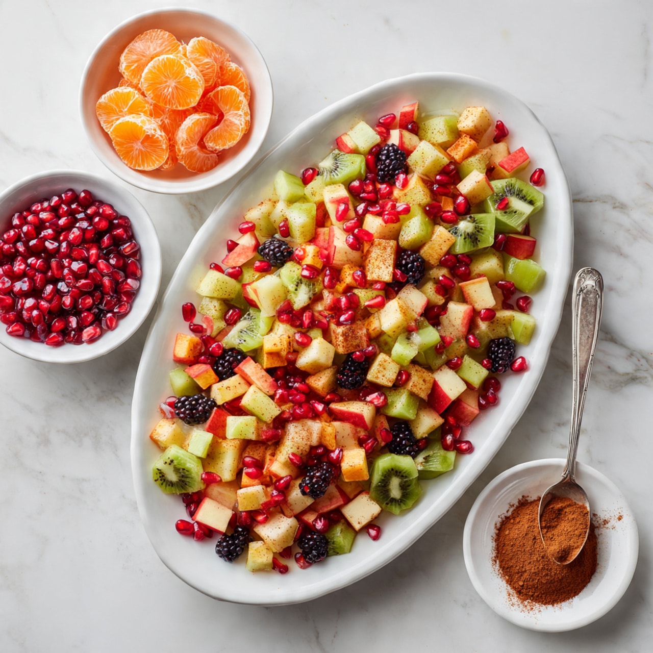 A white oval dish holds a colorful fruit salad composed of small square pieces of apple and pear as the base layer, topped with slices of green kiwi, blackberries scattered evenly, and bright red pomegranate seeds sprinkled over. Around the dish, on a white marbled surface, there are small white bowls filled with shiny red pomegranate seeds, bright orange mandarin segments, and a small bowl containing brown cinnamon powder with a metal spoon resting inside. The scene is bright and fresh, with textures showing the softness of the fruit and the fine grain of the cinnamon powder photo taken with an iphone --ar 4:5 --v 7