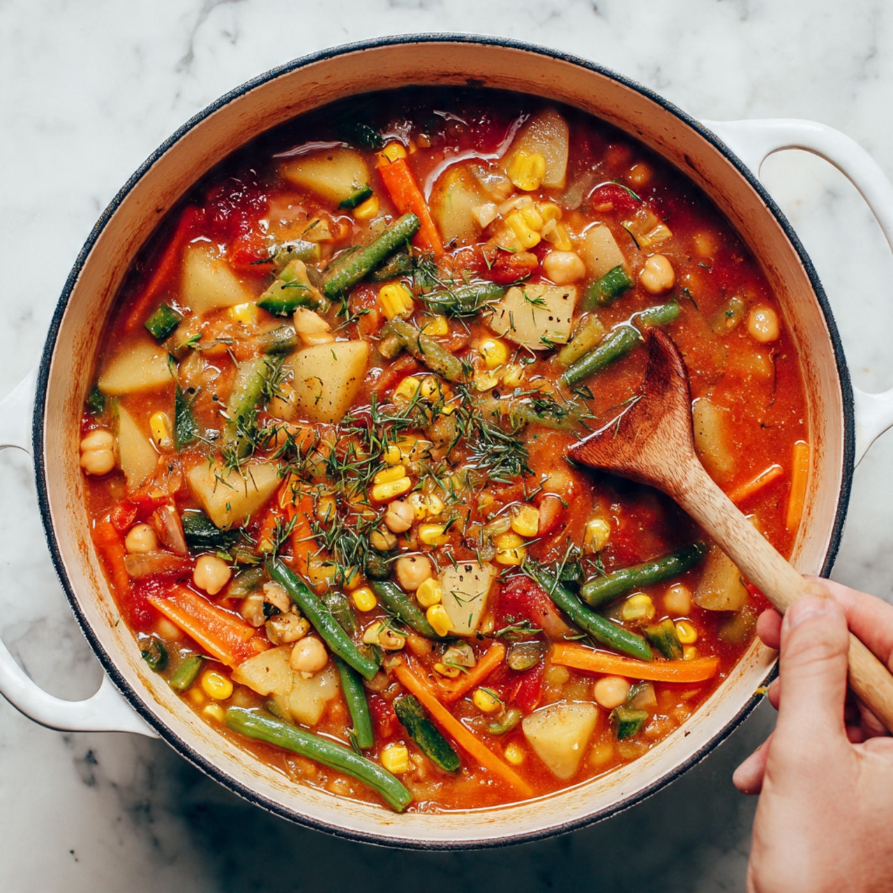 A large white pot filled with a colorful vegetable stew, showing at least four layers: a bright red tomato broth base, topped with chunks of light beige potatoes and chickpeas scattered throughout, mixed with thin orange carrot sticks, green peas, green beans, and yellow corn kernels. A woman's hand is holding a wooden spoon stirring the stew, and some green dried herbs are sprinkled on top. The pot sits on a white marbled surface. photo taken with an iphone --ar 4:5 --v 7