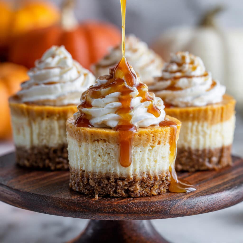 Mini Pumpkin Cheesecakes with Cinnamon Graham Cracker Crust and Salted Caramel Drizzle Recipe
