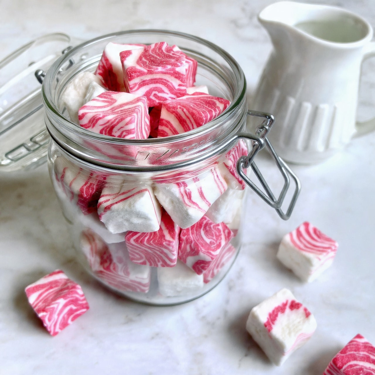 The image shows a pile of soft marshmallows on a white plate with dark speckled dots, placed on a white marbled surface. Each marshmallow is a cube with two main layers: a thick, fluffy white base and a swirled top layer of red and white, creating a marbled texture with streaks and patches of bright red. Some marshmallows sit stacked on the plate while others are scattered around it. In the foreground, two small candy canes with red and white stripes lie flat on the white marbled surface. The background is softly blurred, with more marshmallows visible, giving a light and cozy feeling. photo taken with an iphone --ar 4:5 --v 7