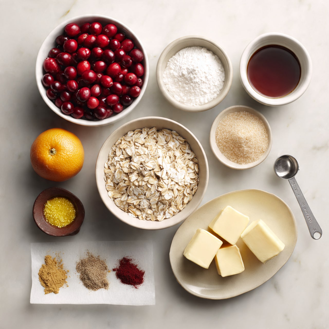 The image shows an overhead view of eight small white bowls and a metal measuring spoon arranged on a white marbled surface. The largest white bowl at the top left is filled with bright red whole cranberries. To its right is a smaller white bowl with a dark brown liquid. Next to it is another small white bowl filled with white flour. Below these, there is a medium white bowl containing light beige rolled oats, and a smaller white bowl with light brown packed sugar. To the bottom right, there are small cubes of pale yellow butter on white wax paper. On the left side of the image, a whole orange sits near a small beige bowl with melted yellow butter, next to a tiny dark wooden bowl holding finely grated orange zest. Below these is a small white plate with four piles of spices – light yellow, dark brown, white, and reddish-brown – along with a silver metal measuring spoon nearby. Photo taken with an iphone --ar 4:5 --v 7
