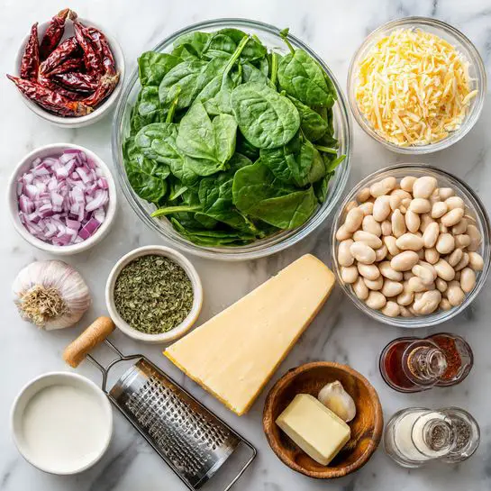 The image shows a variety of ingredients arranged neatly on a white marbled surface. At the center is a clear glass bowl full of fresh green spinach leaves with smooth, vibrant texture. To the right of the spinach, there is another clear glass bowl filled with large, smooth, light beige beans. Above the beans, there is a small white bowl with dried red chilies and beside it another white bowl with dried herbs that are green and finely chopped. Below the spinach, there is a small white bowl of a thick white liquid and a large triangular wedge of yellow cheese resting on a silver grater with a wooden handle. Around these main elements, there are small bowls and containers, including finely chopped purple onions in a brown wooden bowl, several whole garlic cloves in another brown wooden bowl, a pad of butter on a white dish, a bowl of light brown liquid, a small dish of red paste, and containers of white salt, black pepper, and chili flakes. The whole setting looks clean and organized. Photo taken with an iphone --ar 4:5 --v 7