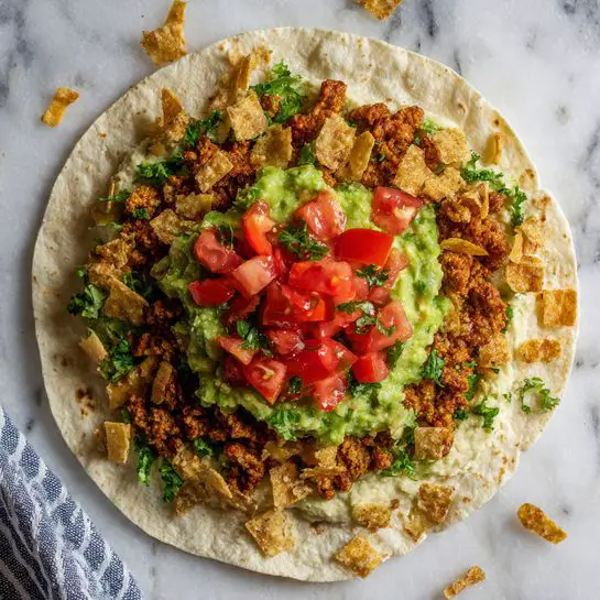 A large round flat white tortilla lays flat on a white marbled surface. In the center, there is a three-layer stack: the bottom layer is a light beige creamy spread with a smooth texture, the middle layer is a crumbly reddish-brown ground seasoning or meat substitute, and the top layer is bright green mashed avocado topped with fresh, bright red diced tomatoes and small broken pieces of crunchy light brown chips scattered over the top. A blue-striped cloth is seen in the lower left corner. Photo taken with an iphone --ar 4:5 --v 7