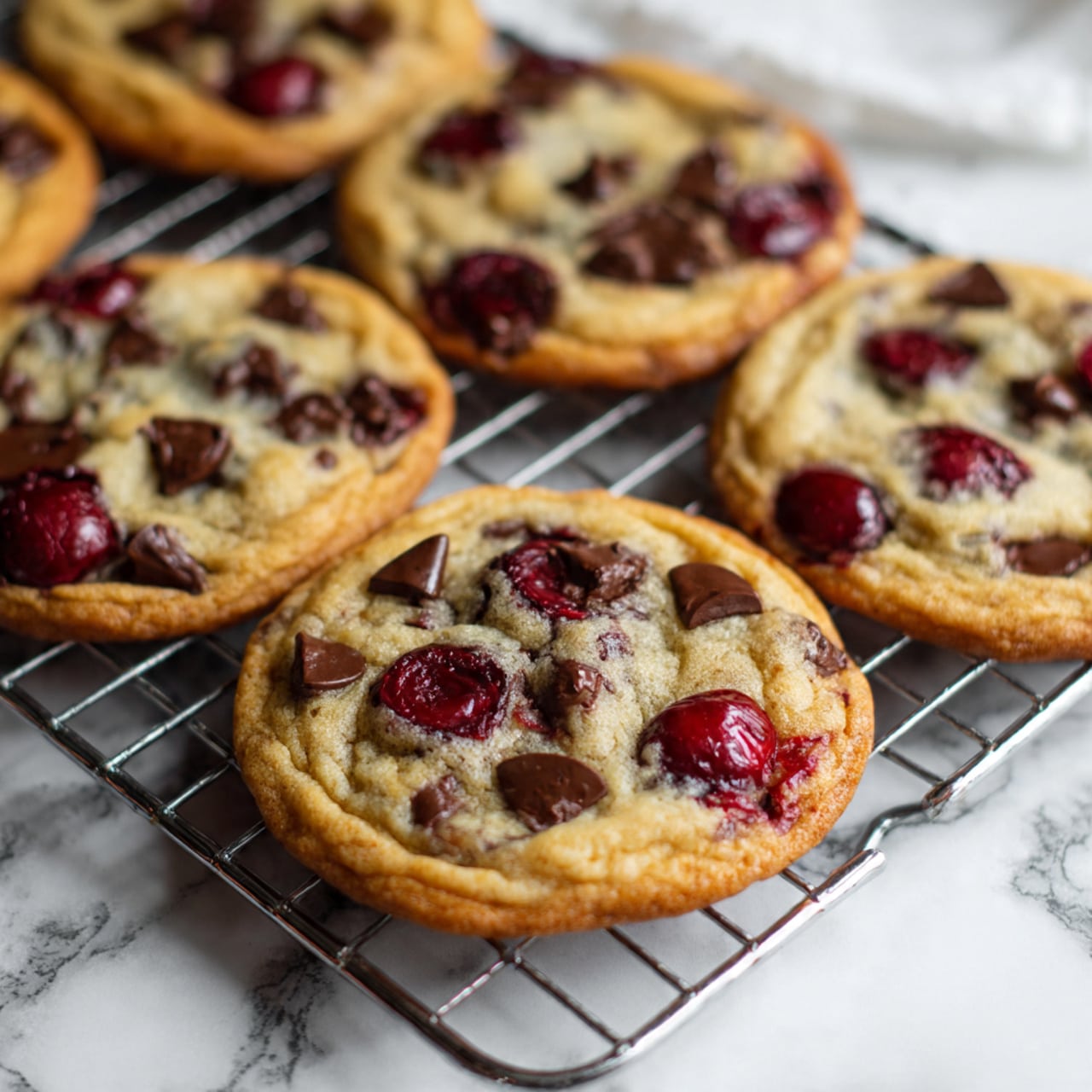 The image shows nine round cookies placed on a metal cooling rack over a white marbled surface. Each cookie has a light golden-baked dough base with scattered large dark brown chocolate chips, and bright red cherry pieces embedded throughout. The cookies have a slightly bumpy texture with the red cherries adding a rough and juicy look, and the chocolate chips creating smooth, shiny spots on the surface. The overall scene looks warm and fresh, with the cookies appearing soft yet firm. photo taken with an iphone --ar 4:5 --v 7