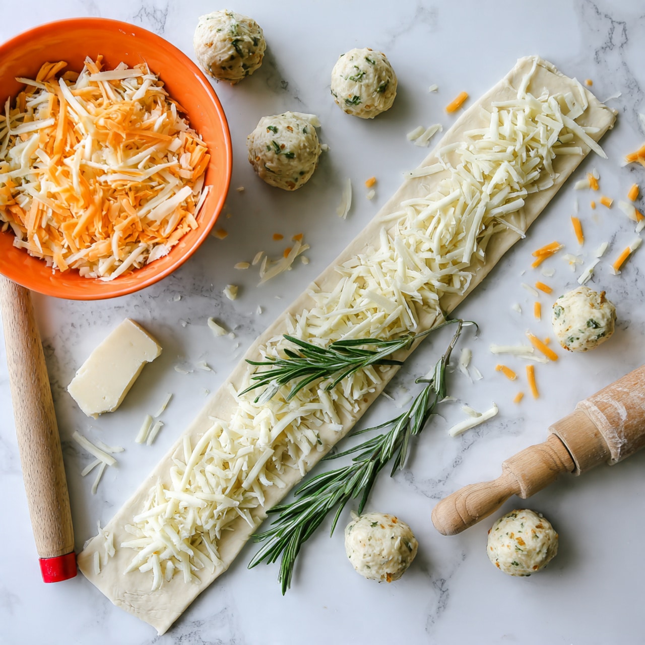 The image shows a long, thin, white dough strip spread out on a white marbled surface, sprinkled with shredded white cheese and topped with a small green rosemary sprig in the center. Around the strip are several round dough balls with visible herbs inside, scattered cheese bits, and a bright orange bowl filled with more shredded white cheese and a rosemary sprig inside. A wooden rolling pin with a red ring near the handle lies partially in the corner of the frame. The colors are soft and natural with a clean, light setting photo taken with an iphone --ar 4:5 --v 7