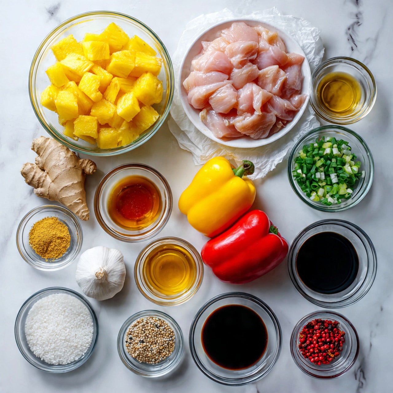 The image shows several clear glass and white bowls with different ingredients laid out on a white marbled surface. At the top left, there is a glass bowl filled with bright yellow pineapple chunks in juice. Below it, a clear glass bowl holds pale pink raw chicken pieces resting on parchment paper. To the right of these bowls are whole colorful bell peppers: orange, yellow, and red, plus a piece of ginger root. Small bowls are filled with honey-colored sauce, light golden liquid, white powder, and a dark soy sauce. There are also clear small bowls with coarse salt and pepper, red chili flakes, white sesame seeds, and chopped green onions. A whole white garlic bulb is placed near the bottom center. The layout is neat and bright, with each ingredient distinct and colorful. photo taken with an iphone --ar 4:5 --v 7