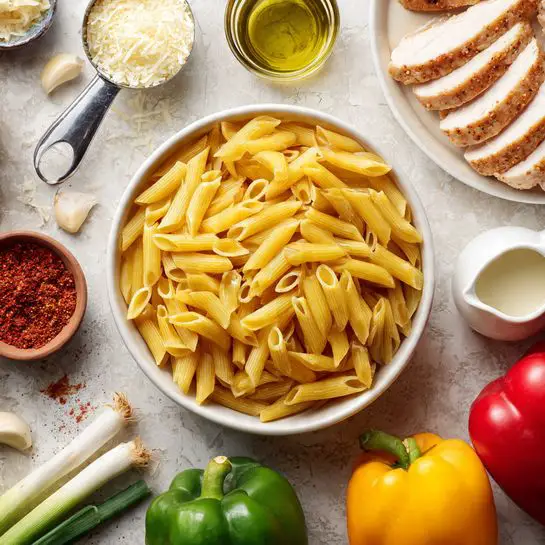 The image shows cooking ingredients arranged neatly on a white marbled surface. In the center, there is a white bowl filled with uncooked yellow penne pasta. To the upper right, a white plate holds several slices of cooked chicken with a light brown outer layer. To the left of the bowl, there is a metal measuring cup filled with grated white cheese. Above the bowl, three green onions lay side by side with white roots visible. On the lower right side, three whole bell peppers sit close together—one yellow, one red, and one green. Near the peppers, there is a small glass jar with white cream, and above it a small glass container with greenish liquid. Around the bowl, you can see two cloves of garlic, a small brown bowl filled with reddish spice mix, and a small white pitcher with olive oil. The photo taken with an iphone --ar 4:5 --v 7