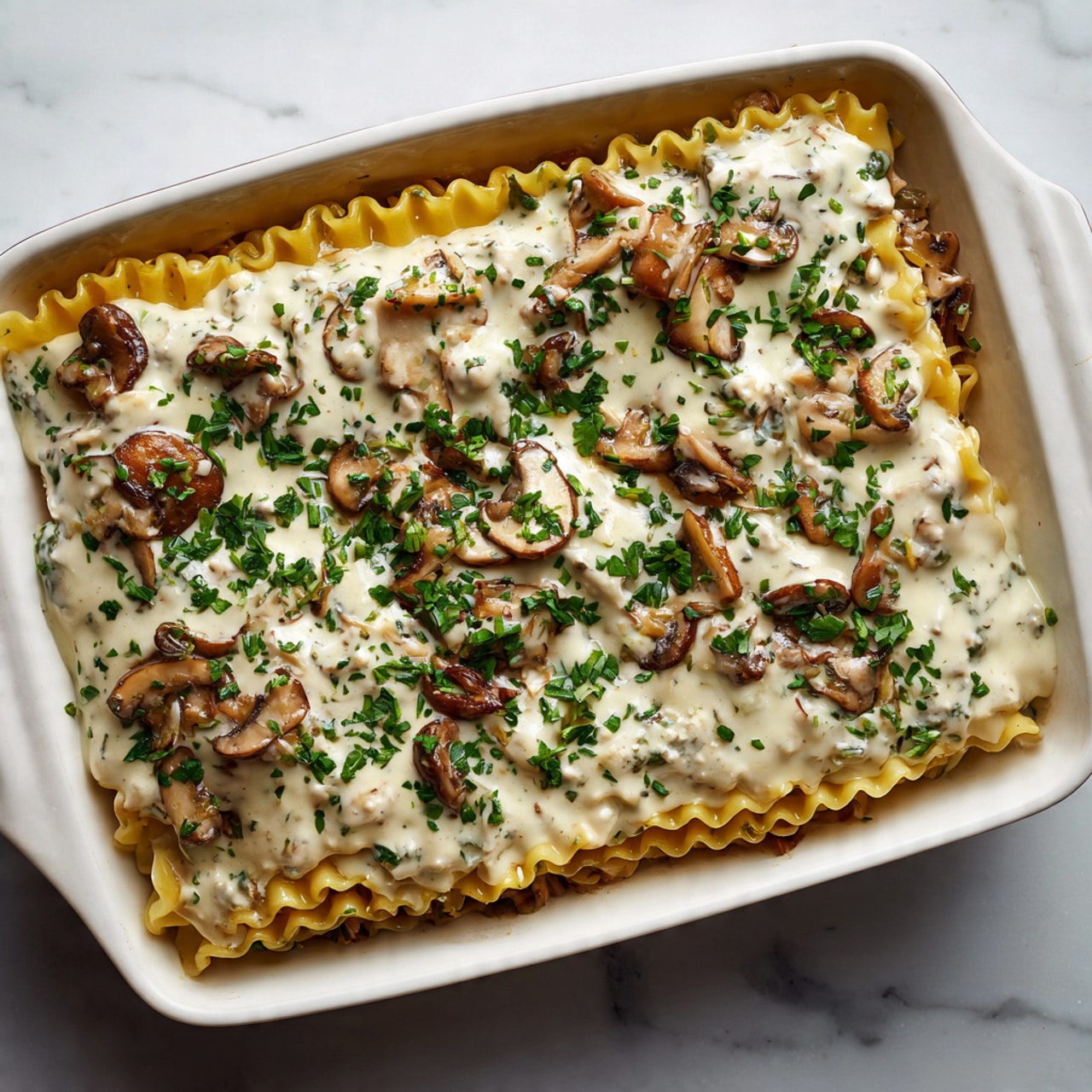 The image shows a white rectangular baking dish filled with two layers of yellow lasagna noodles, each topped with creamy white mushroom sauce mixed with small pieces of mushrooms and sprinkled with green chopped herbs. The top layer is fully covered with sauce, with noodles slightly visible around edges. The dish rests on a white marbled surface. photo taken with an iphone --ar 4:5 --v 7