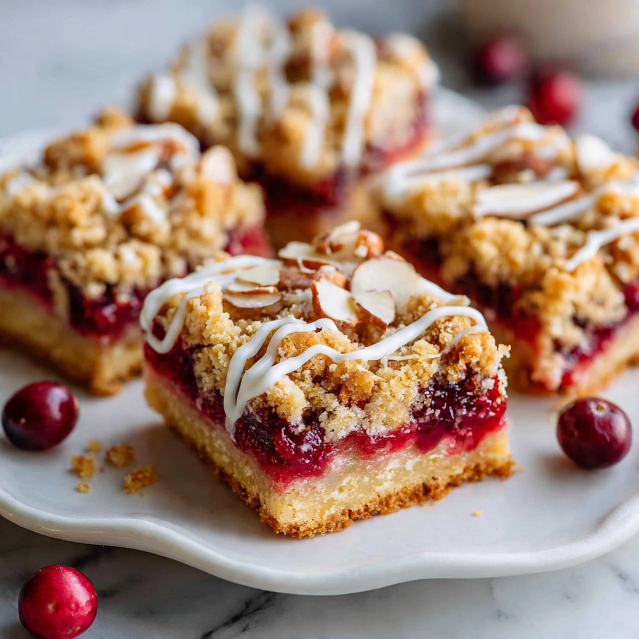 The image shows square fruit bars placed on a white plate with scalloped edges on a white marbled surface. Each bar has three visible layers: a bright red fruit filling in the middle, a golden crumbly oat crust at the bottom, and a crumbly topping mixed with sliced almonds on top. There is a white drizzle sauce over the crumb topping, and a few whole cranberries are placed beside the bars on the plate and surface. Photo taken with an iphone --ar 4:5 --v 7