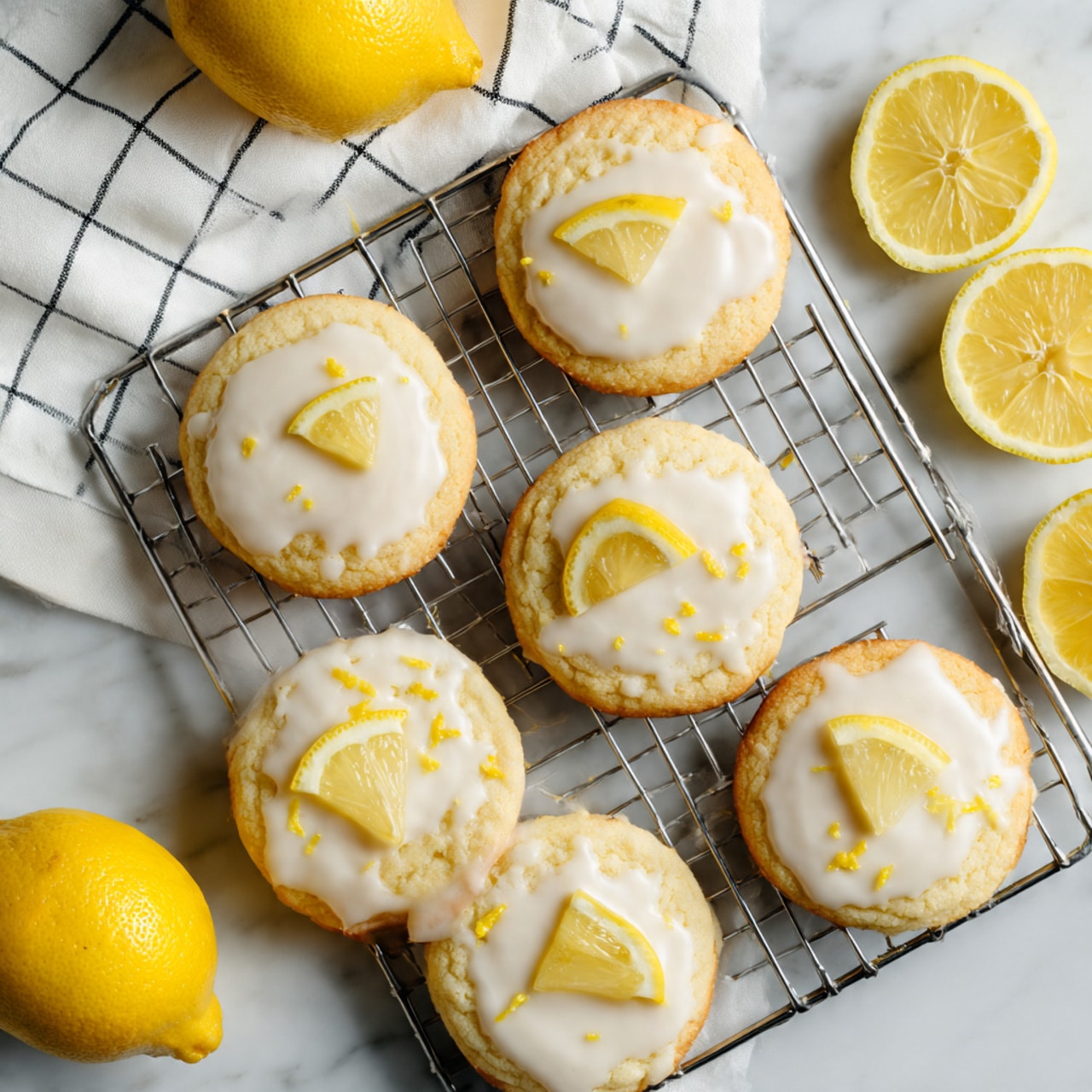 Nine round cookies are arranged on a metal cooling rack over a white marbled surface. Each cookie has a light golden color and is topped with a thin, shiny white glaze that drips slightly down the sides. The glaze has a soft texture with small specks of yellow zest. Three of the cookies are decorated with a small, triangular lemon slice placed on top near the center. Around the cooling rack, whole yellow lemons and lemon wedges add vibrant color to the scene. A white cloth with a black grid pattern is partially visible in the top left corner. The photo taken with an iphone --ar 4:5 --v 7