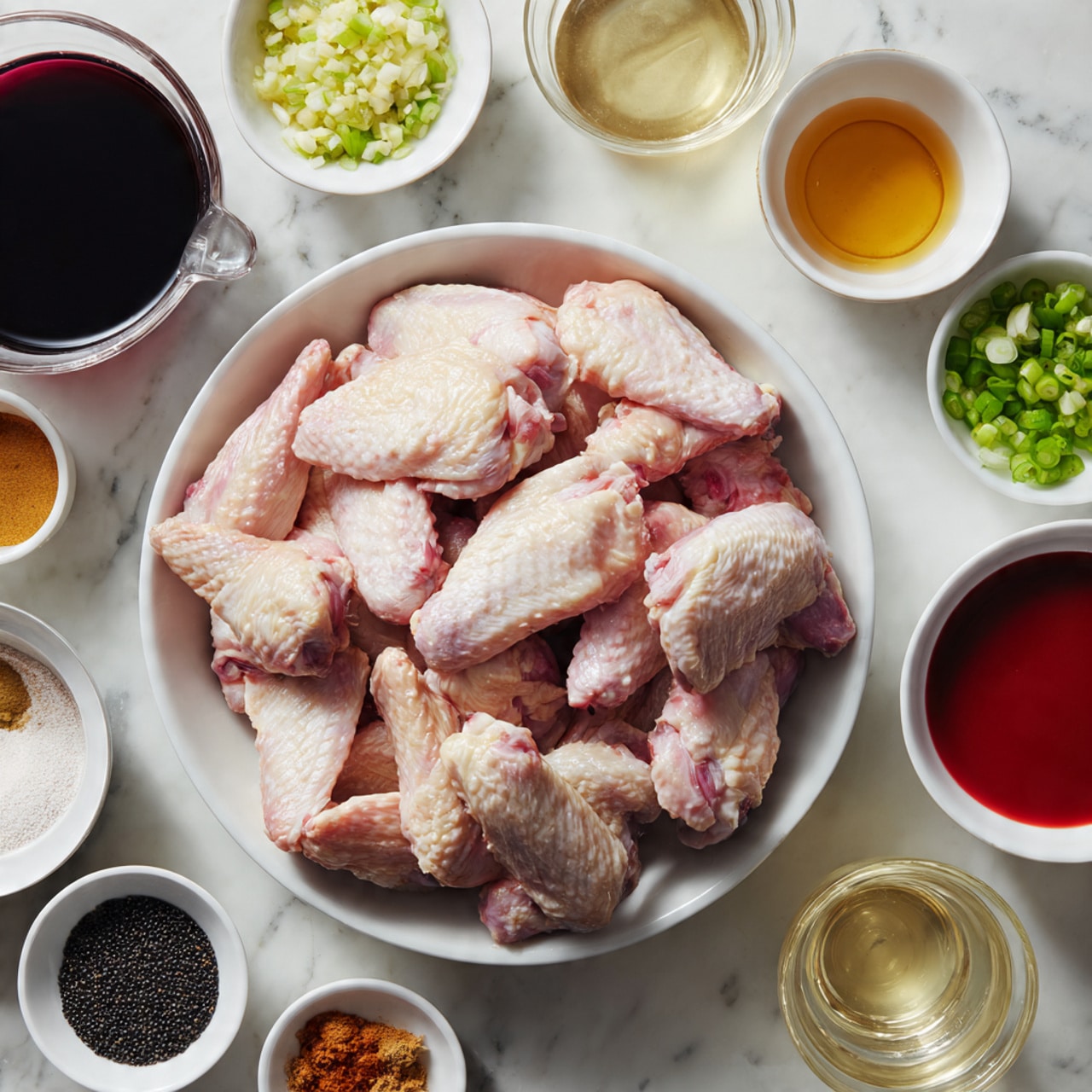 A large white bowl in the center is filled with many raw chicken wings, pale pink and white with smooth skin. Around the bowl are small white cups and containers holding different ingredients: dark soy sauce in a clear measuring cup on the top left, chopped garlic in a white bowl above the chicken, bright green sliced scallions in a white bowl on the top right, a golden brown syrup in a small white cup just below the garlic, black and white sesame seeds in a white cup next to the scallions, a small bit of cinnamon spice in a tiny white cup near the sesame, clear liquid in a small glass on the far right, a deep red sauce in a white cup below the cinnamon, white powder in a white cup near the bottom right, finely minced ginger in a white cup at the bottom left, light brown syrup in a white cup to the left, black and white salt and pepper mix in a white cup near the bottom left, and black thick sauce in a white cup near the bottom left corner. All items sit on a white marbled surface photo taken with an iphone --ar 4:5 --v 7