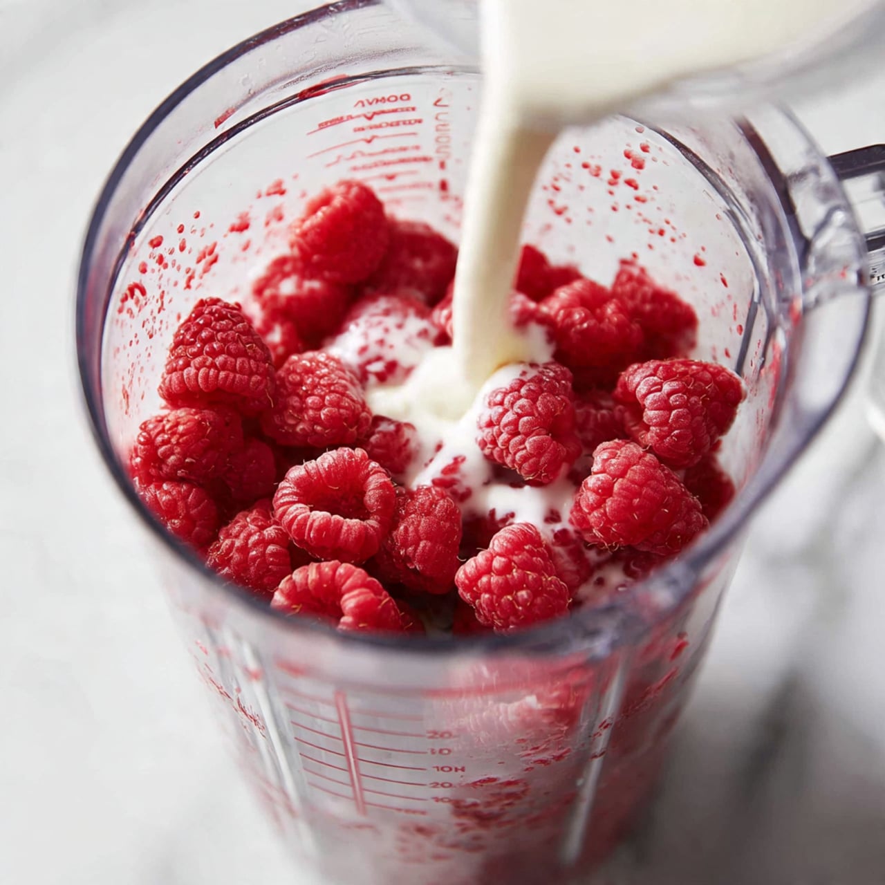 Inside a clear blender container, there is one layer of fresh, red raspberries at the bottom, showing their detailed texture and shape. A white liquid is being poured on top of the raspberries, creating a creamy, flowing effect as it covers the berries unevenly. The blender has measurement marks on its side, and the background is a white marbled surface. The scene is shot from above, focusing on the blending process. Photo taken with an iphone --ar 4:5 --v 7