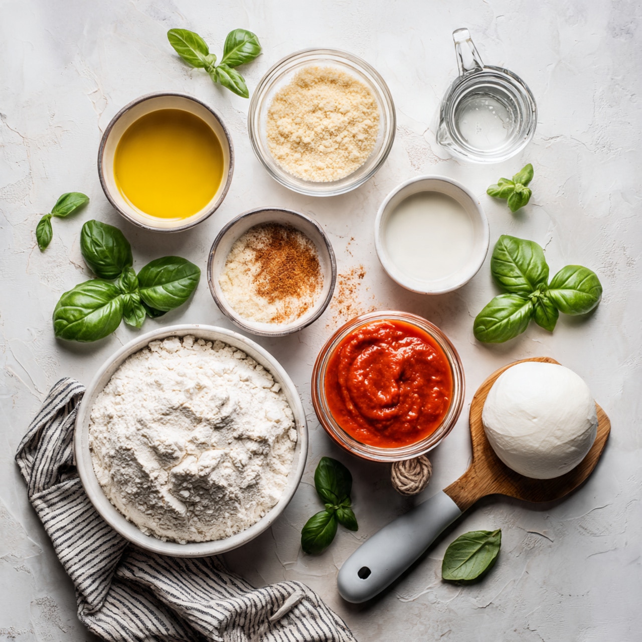 A top-down view of ingredients for a recipe arranged on a white marbled texture covered wooden table. In the center bottom, there is a clear glass bowl full of white flour with a soft, powdery texture. Above the flour, a small white bowl with beige dry yeast granules sits slightly right. To the top right of the yeast bowl, a white bowl holds bright yellow olive oil, smooth and shiny. Near the olive oil and to the right, there is a white ball of soft, smooth mozzarella cheese. Below the cheese, there are bright green, fresh basil leaves with a slightly glossy surface. To the top left of the flour, a white bowl contains a mix of salt and light brown garlic powder, with a grainy texture. Near this bowl, a jar filled with vibrant red tomato sauce stands with a thick, slightly chunky texture visible through the glass. At the very top center, a small glass measuring cup is filled with clear water with a glass handle. Scattered around are more fresh basil leaves and a wooden spatula with a gray silicone tip on the lower right. A soft beige and black striped cloth cloth is positioned on the left bottom corner. photo taken with an iphone --ar 4:5 --v 7