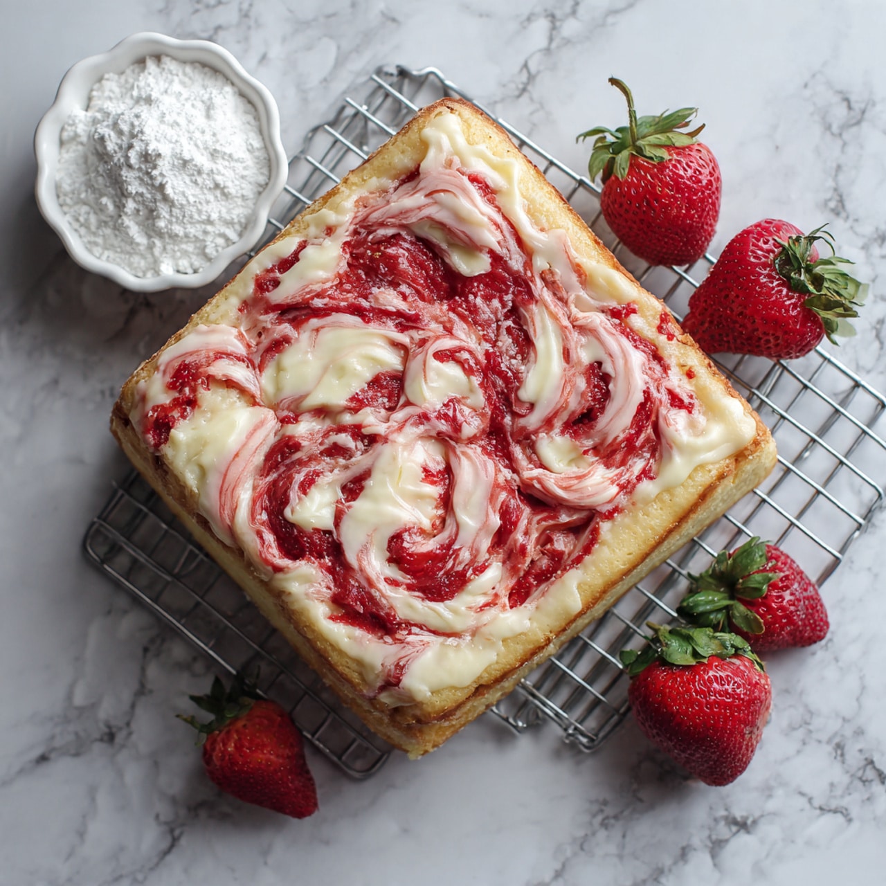 The image shows a square piece of pastry with a thick layer of white icing mixed with red strawberry swirls spread unevenly on top. The pastry is light beige with a soft texture visible under the icing. Next to the pastry, there is a small white scalloped bowl filled with white powdered sugar, and two whole fresh strawberries with green leaves. All items rest on a metal cooling rack, over a white marbled surface. photo taken with an iphone --ar 4:5 --v 7