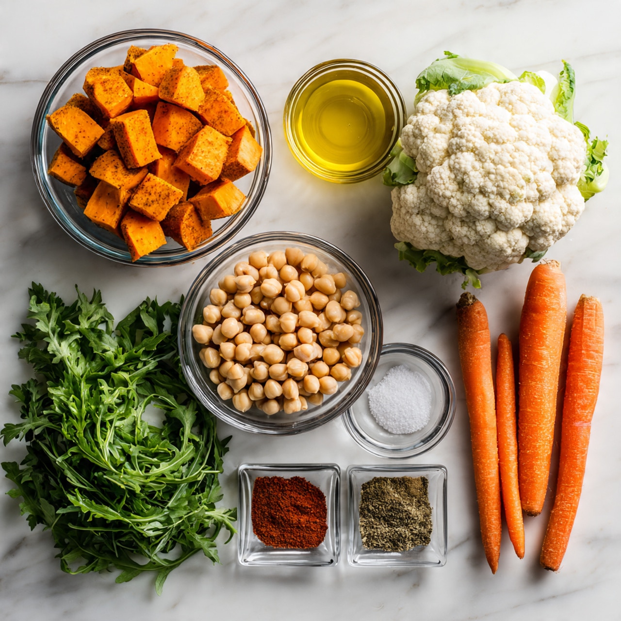 The image shows seven main food items arranged neatly on a white marbled surface. At top left, there is a clear glass bowl filled with bright orange chunks of sweet potato. To the right of it, there is a large, whole white cauliflower with light green leaves attached. Below the sweet potato bowl, there is a smaller clear glass bowl containing golden olive oil. Centered in the image, another glass bowl holds light beige chickpeas. To its right, next to the cauliflower, is a small bunch of curly green parsley. Below the olive oil, fresh dark green arugula leaves lay loose on the surface. Next to the arugula is a small glass dish with four spices in separate sections: salt (white), ground cumin (brown), dried oregano (green), and paprika (red). Finally, at bottom right, three whole orange carrots with smooth skin rest side by side. The setup looks clean and fresh, with bright natural light highlighting the colors photo taken with an iphone --ar 4:5 --v 7