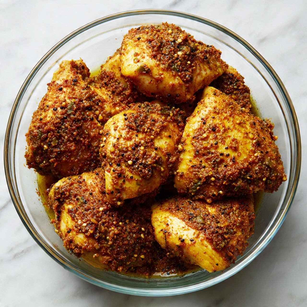 A clear glass bowl filled with several raw chicken pieces covered in a thick brownish-orange spice mix. The chicken pieces are layered closely, with the spice mixture evenly coating the skin, showing small black and white specks of seasoning. The bowl sits on a white marbled surface, and there is no additional decoration or items around. The photo taken with an iphone --ar 4:5 --v 7